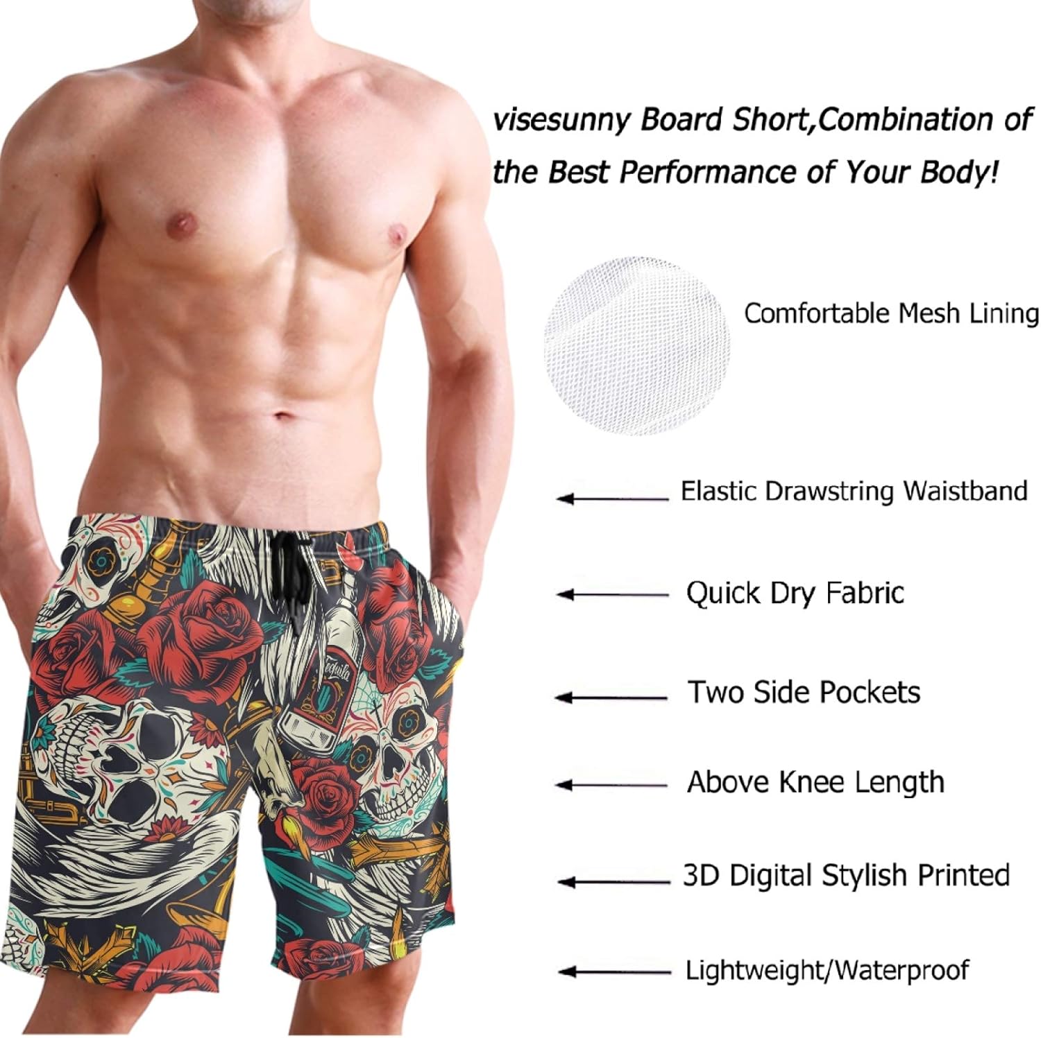 visesunny Men's Novelty Beach Shorts Quick Dry Swimwear Sports Running Swim Board Shorts Bathing Suits with Pockets Summer - Image 3