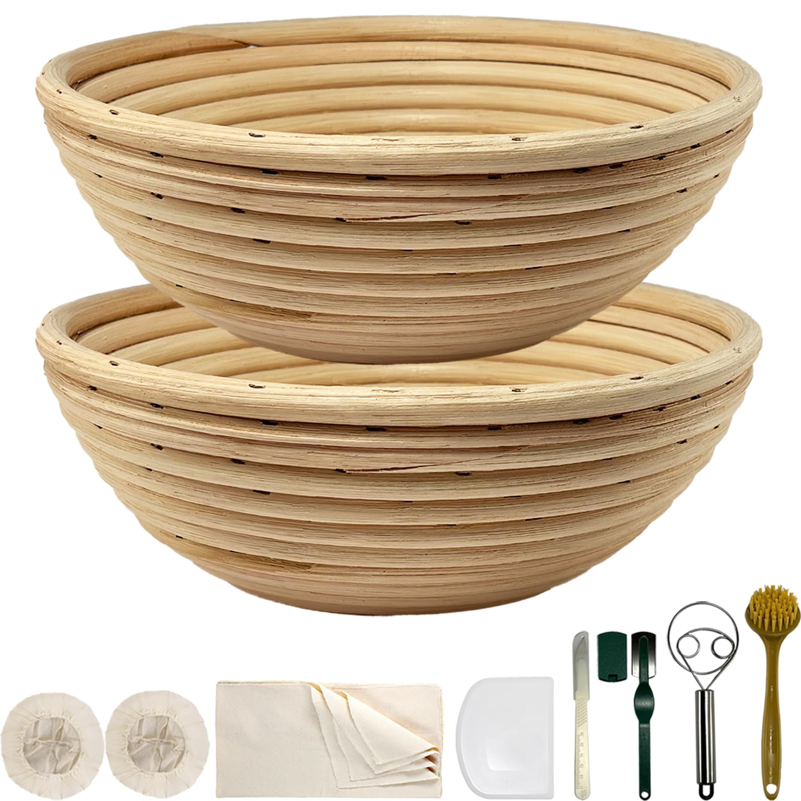 Natürliches, ungebleichtes Banneton, Sauerteig-Brot-Gärkörbchen-Set, 5 x 22,9 cm, runder Korb mit Brotbackzubehör, Banneton-Korb-Geschenk-Set, Primärfarbe