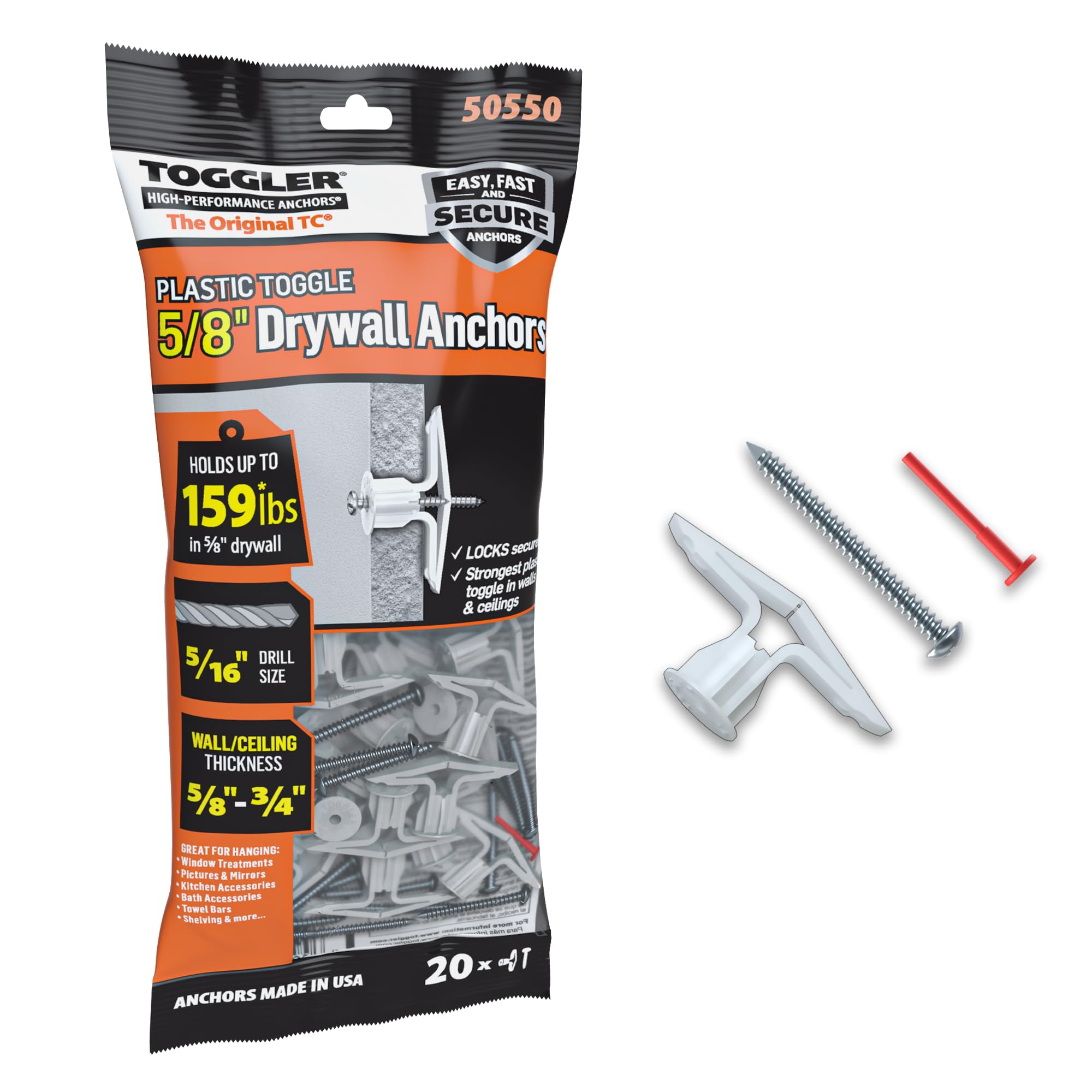 TOGGLER Toggle TC Commercial Drywall Anchor with Screws, Polypropylene, Made in US, 5/8" to 3/4" Grip Range, For #6 to #14 Fastener Sizes (Pack of 20)