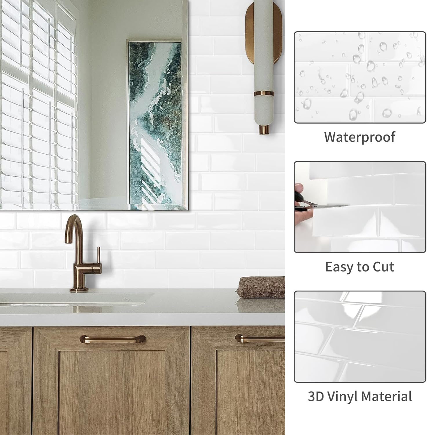 10-Sheet Peel and Stick Backsplash Tile for Kitchen, 3D Marble Look Vinyl Self Adhesive Stick on Subway Wall Tiles for Bathroom Living Room 11.4"x8.2" White