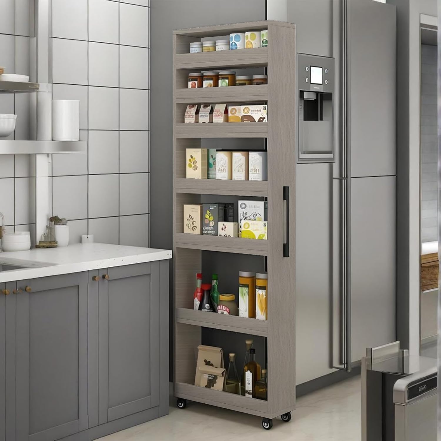 7 Tier Standing-Shelf with Wheels, 5.9/7.9/9.8'', Wooden Slim Storage Cart, Thickened Plate, Scratch-Resistant and Wear-Resistant, for Home, Kitchen, Bakers, Closet, Pantry, Dining Room