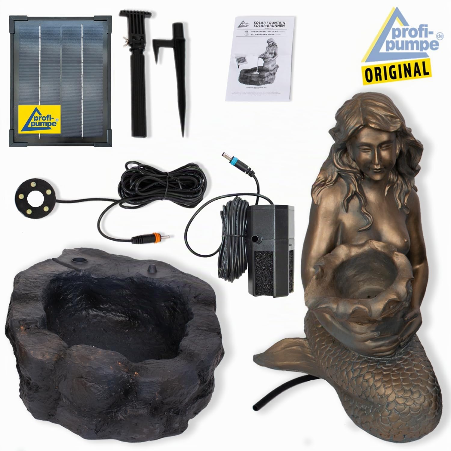 Fuente Solar para jardín MEERJUNGFRAU Am TEICH, Cascada, luz para jardín Bomba para Estanque para balcón Modelo con función de Arranque instantáneo de la Bomba con batería de Iones de Litio y luz LED