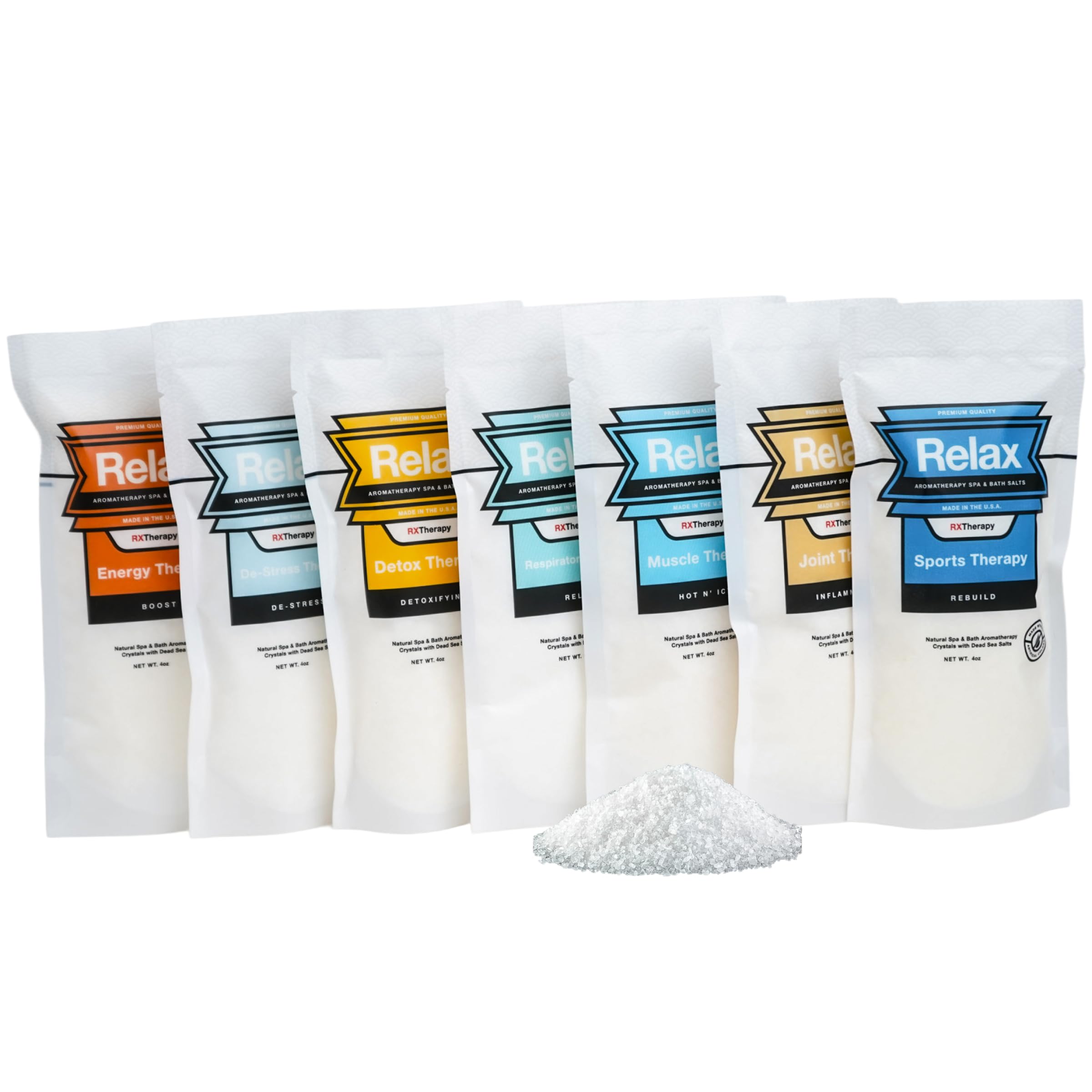 Relax Spa & Bath, Lot de 7 sels de bain d'aromathérapie pour bain à remous ou spa - Enrichi en magnésium - Récupération musculaire et thérapie sportive - Collection Relax RX - 118 ml chacun