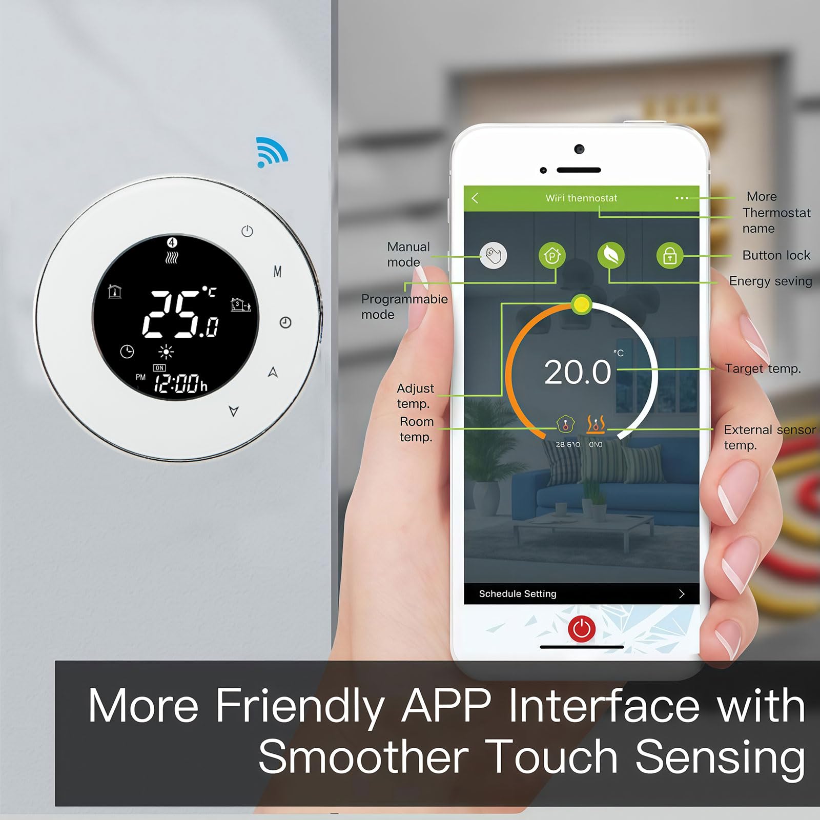 6000 Serie Wi-Fi Termostato - Termostato con Pantalla Táctil Programable para Calefacción o Aire Acondicionado - Control Remoto Desde Teléfono Móvil Compatible con Alexa, Google Home e IFTTT