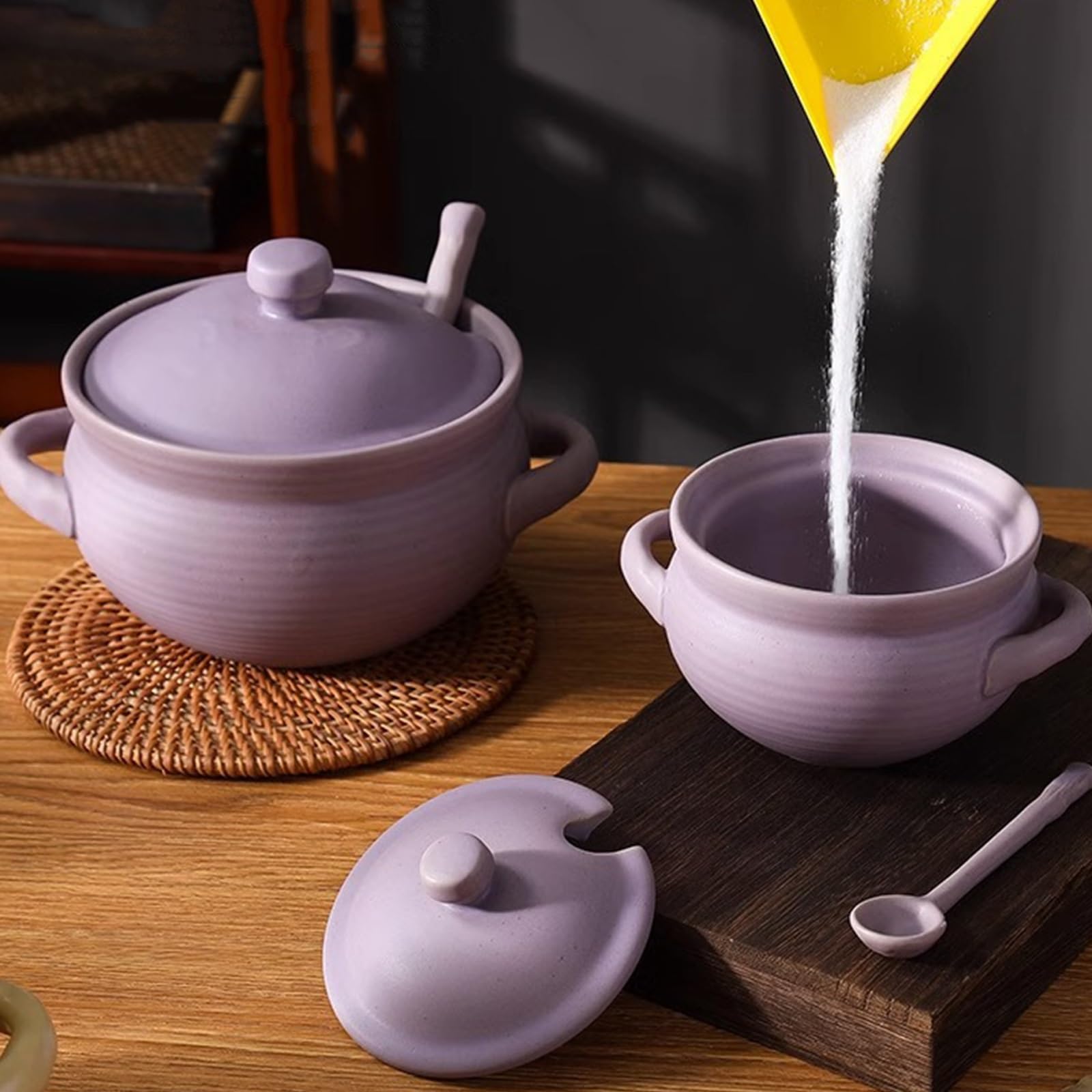 Barattolo con Coperchio, barattoli per spezie in Ceramica, Coperchio per condimenti in Porcellana, zuccheriera e Cucchiaio, per Cucina e casa (Bianco, 1000 ml)