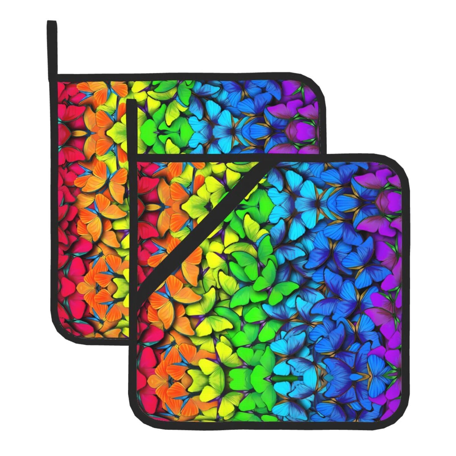 HJFCZH Colorful Butterfly Prints Square Hot Pads for Kitchen Counter - Waterproof Pot Holders, Durable Heat Resistant Throw Layers for Serving, Oven & BBQ - 2 Pack