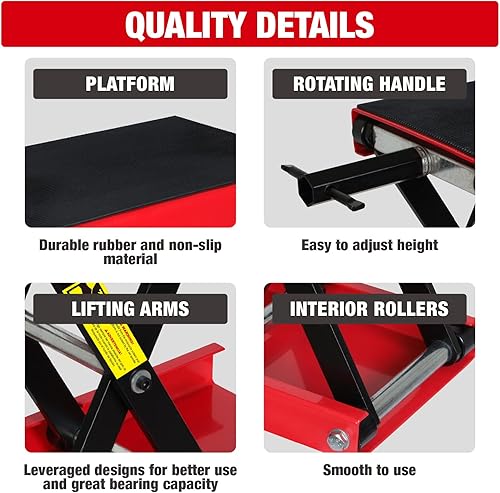 Miniatura 4 de Torin ATRM01101B Gato Elevador de Tijera Portátil de Acero para Motocicleta Soporte de Elevación de Plataforma Ancha para Mantenimiento de ATV, UTV,
