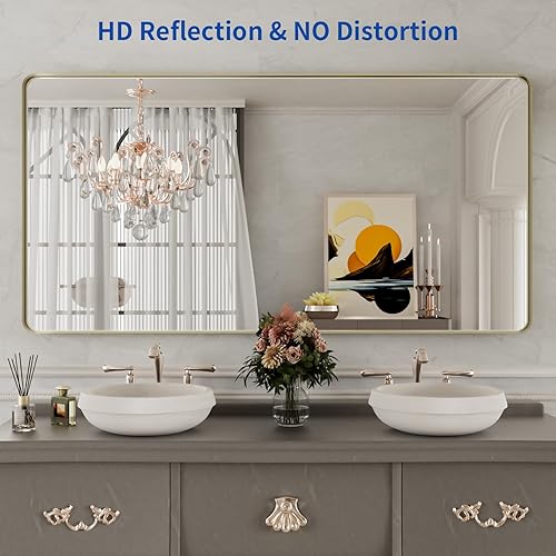 Miniatura 10 de Espejo de baño dorado, espejo de baño dorado cepillado de 40 x 30 pulgadas, espejo rectangular redondeado de baño dorado para pared, vidrio