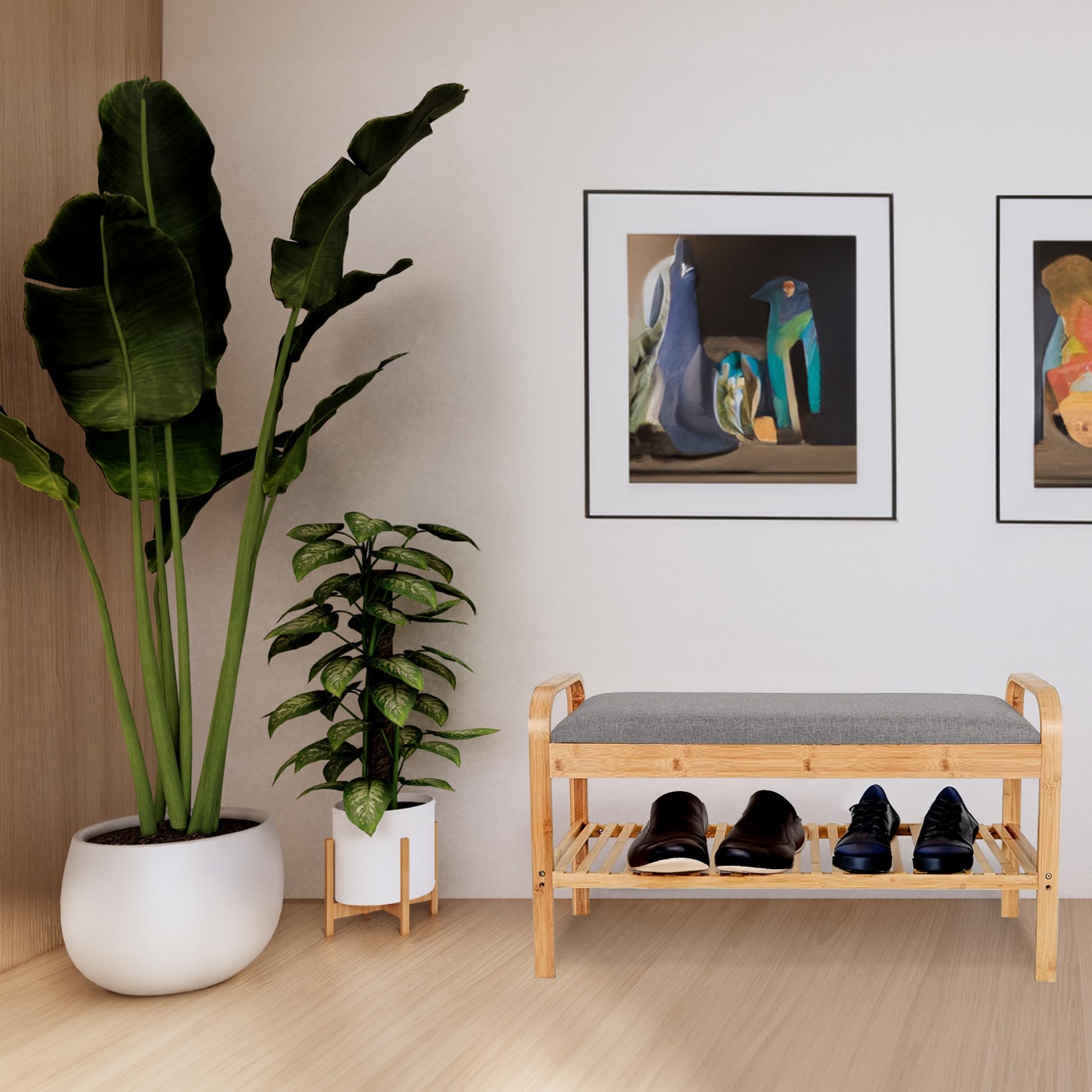 Szafka na Buty z Siedziskiem Bambusowa Półka na Buty Regał 90x55x33cm Szara