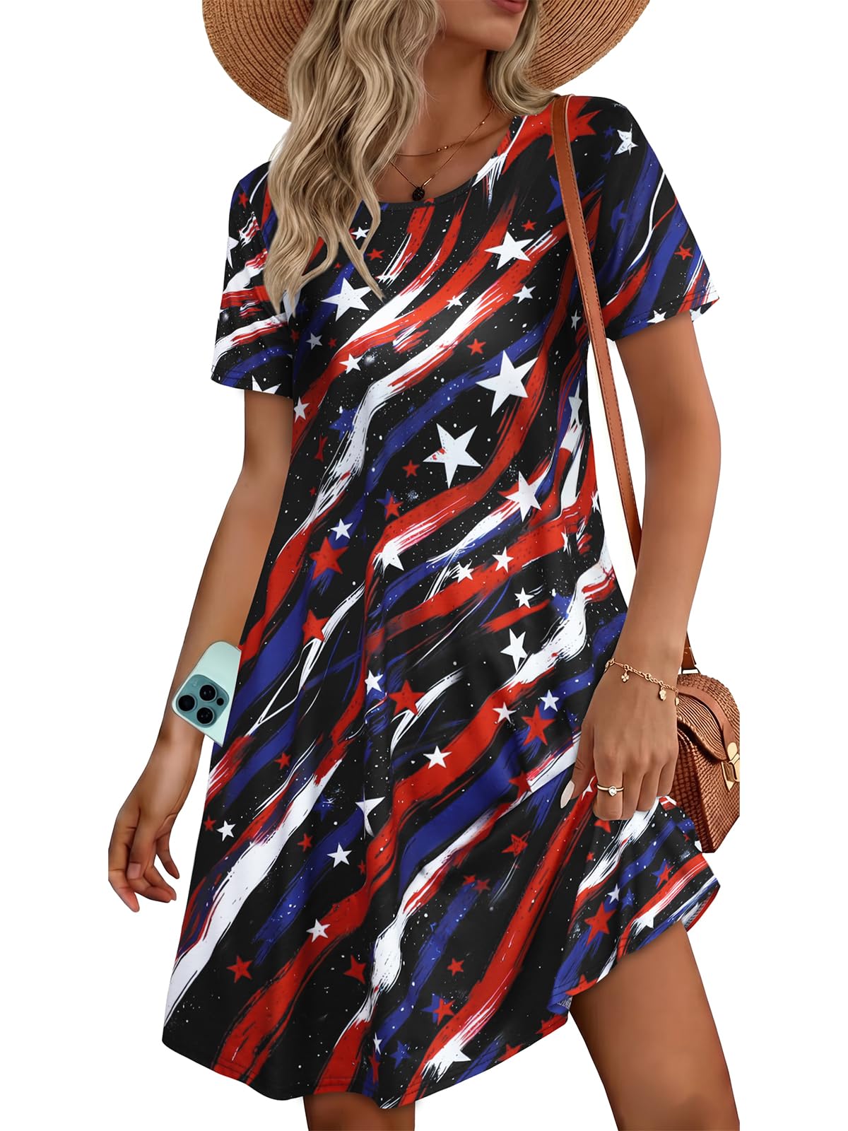 elescat Womens Summer Dresses Casual Loose Tshirt Floral Pockets Sundress | 2026 Boho Flowy Short Sleeve Dress, Two Hidden Pockets, Loose Beach Cover Up, Solid or Floral, Fashion Vacation Outfits
