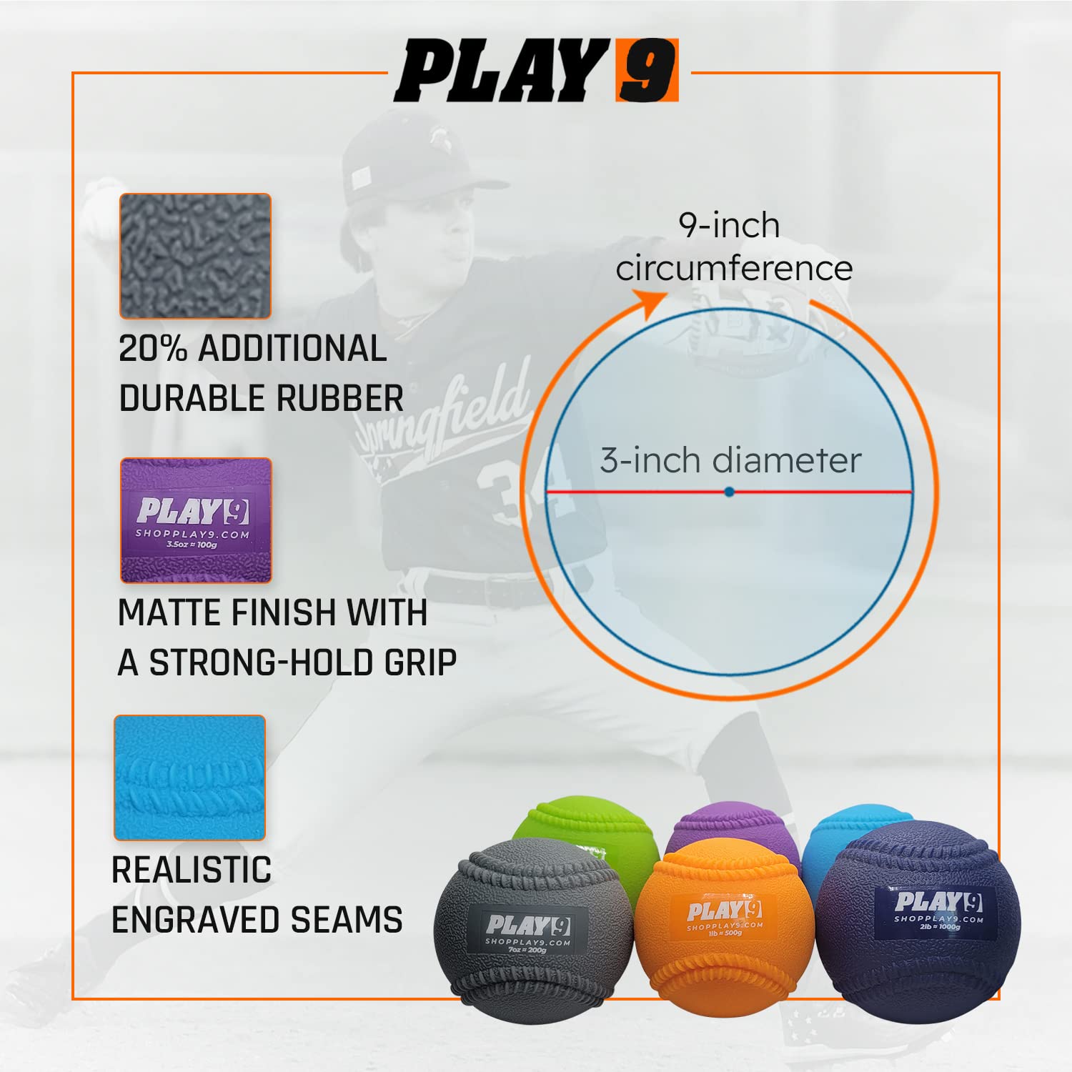 SHOP PLAY 9 | Plyoball Weighted Ball Baseball Set (with Seams) Set of 6 for Pitching and Velocity Training