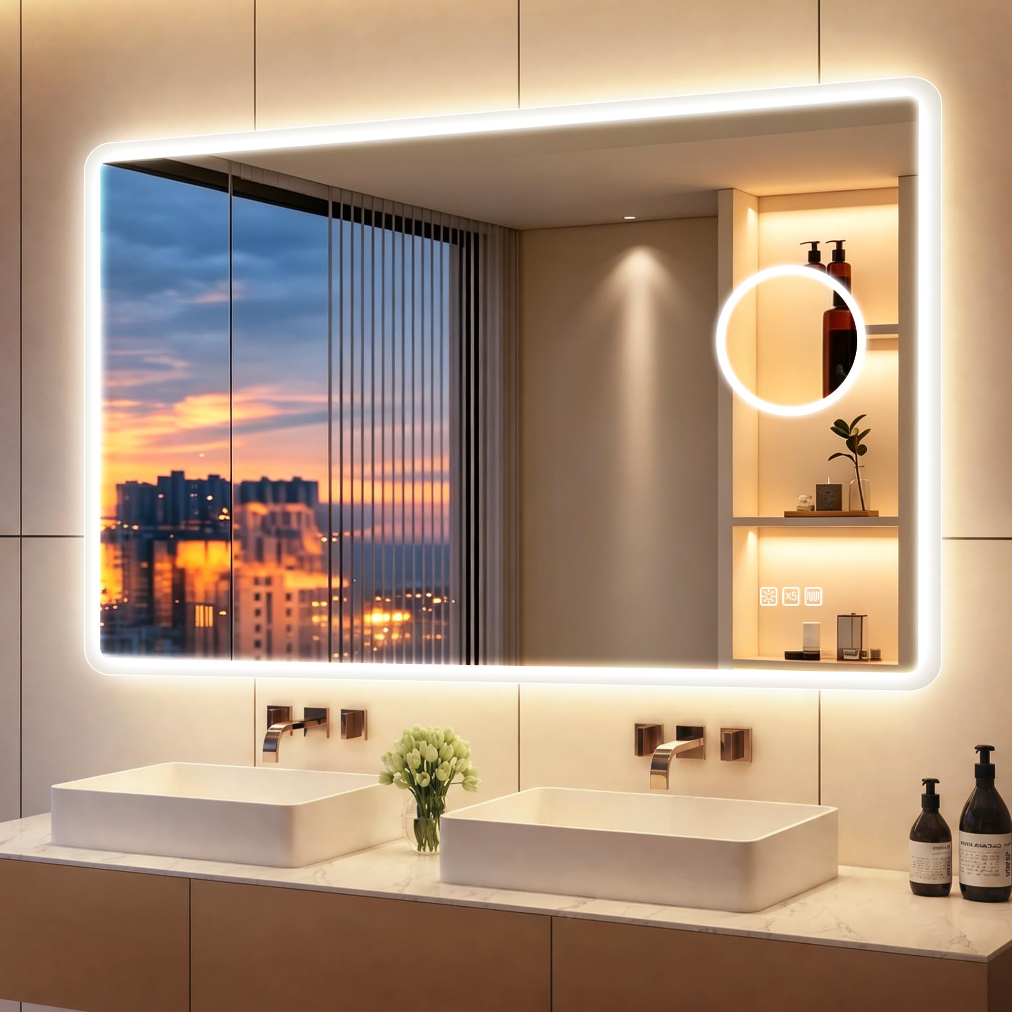S'bagno 100x70cm Bathroom-Mirror-with-LED-Lights & 5x Magnifier
