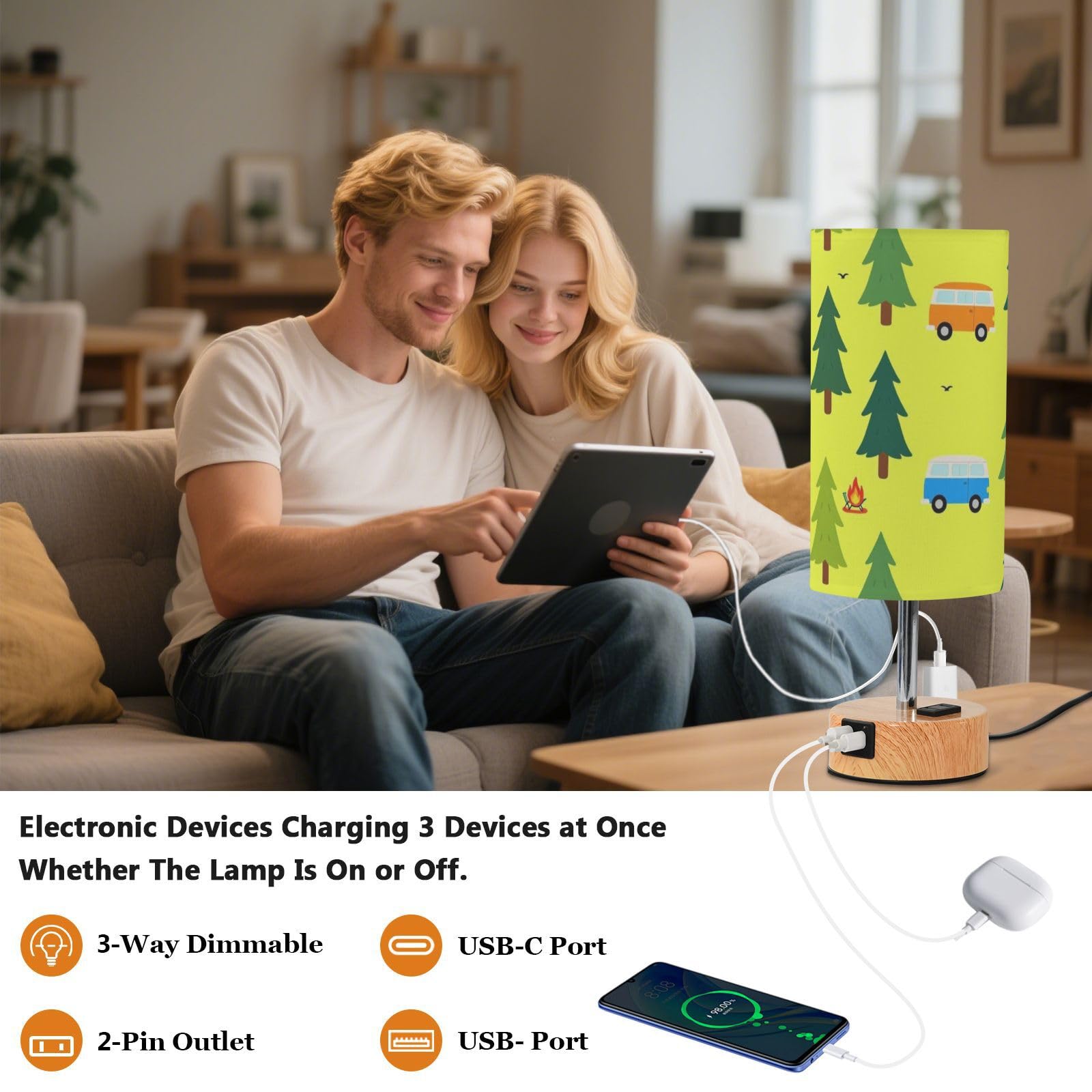 Yuiboo Mała lampa stołowa z portami USB C+A, lampki nocne