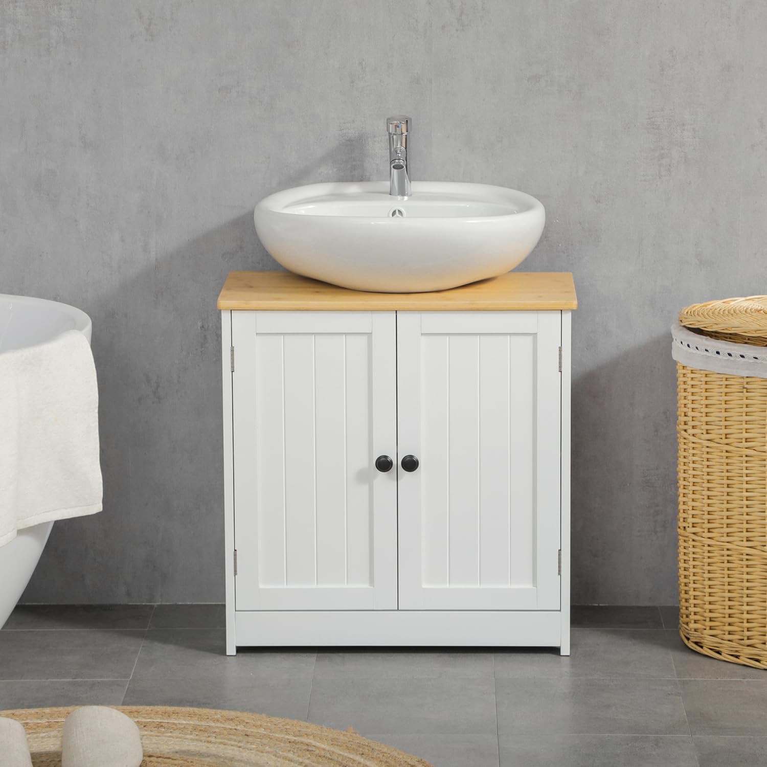 Modern Bathroom Under Sink Cabinet, Bathroom Vanity for Wall Mount Sink, Storage Cabinet with Double Doors and Adjustable Shelf, White