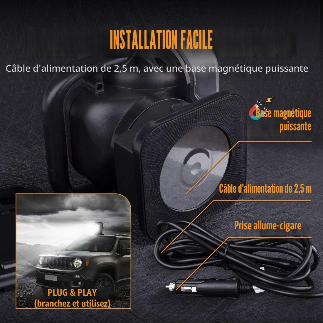 SUPAREE Lampe de Recherche,SPOT Led Phare,Lampe de Travail,LED Projecteur Etanche Anti Choc Rotation de 360°avec Télécommande sans Fil,Eclairage de Secours pour SUV Bateau Maison Champ (Haute Noir)