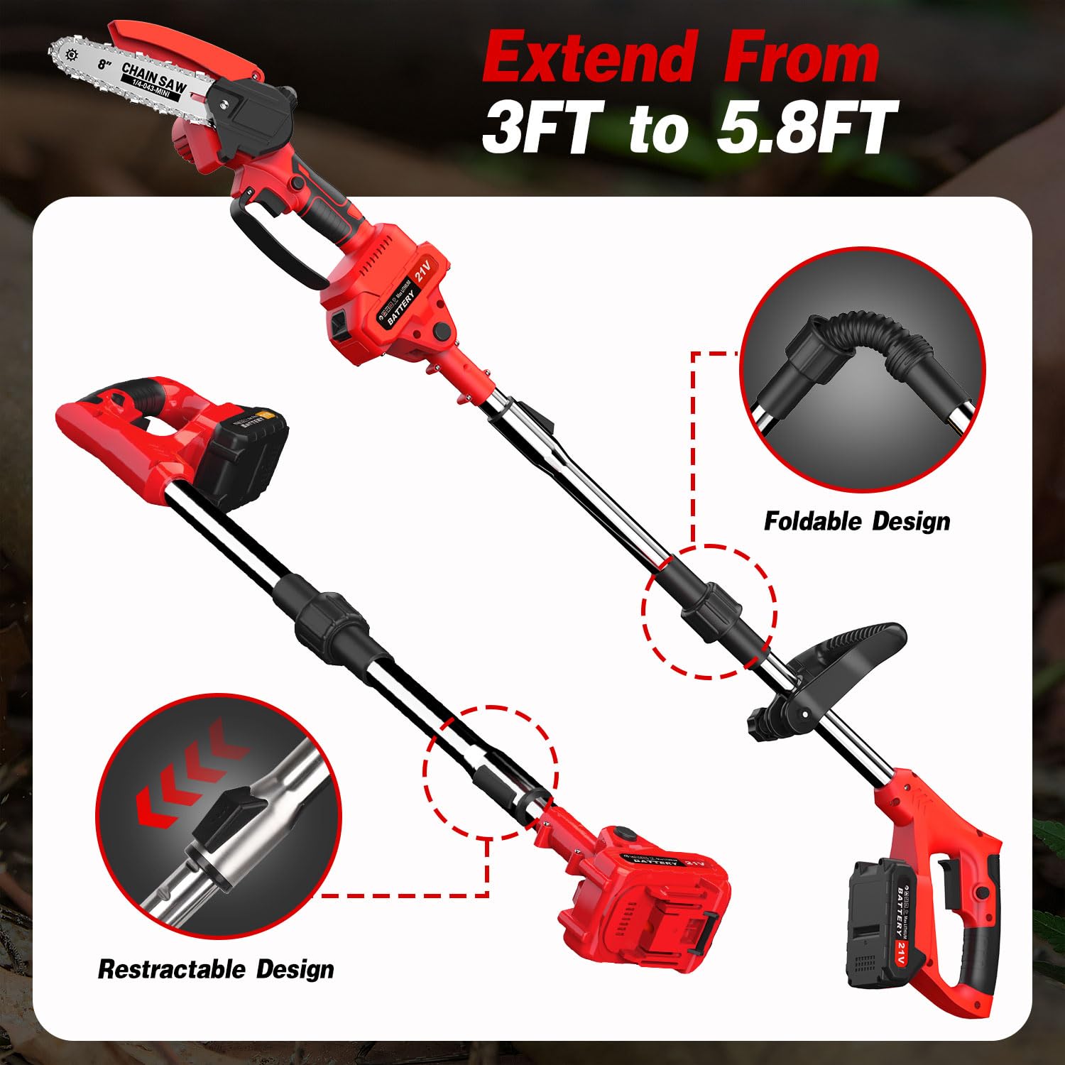 Forbice da Potatura a Batteria,2 in 1 Motosega Telescopico,Mini Motosega,8 Pollici Sega Elettrica Telescopica per Potatura,Con Guanti,Occhiali Protettivi,per Taglio Del Legno,Alberi e Giardini(rosso)