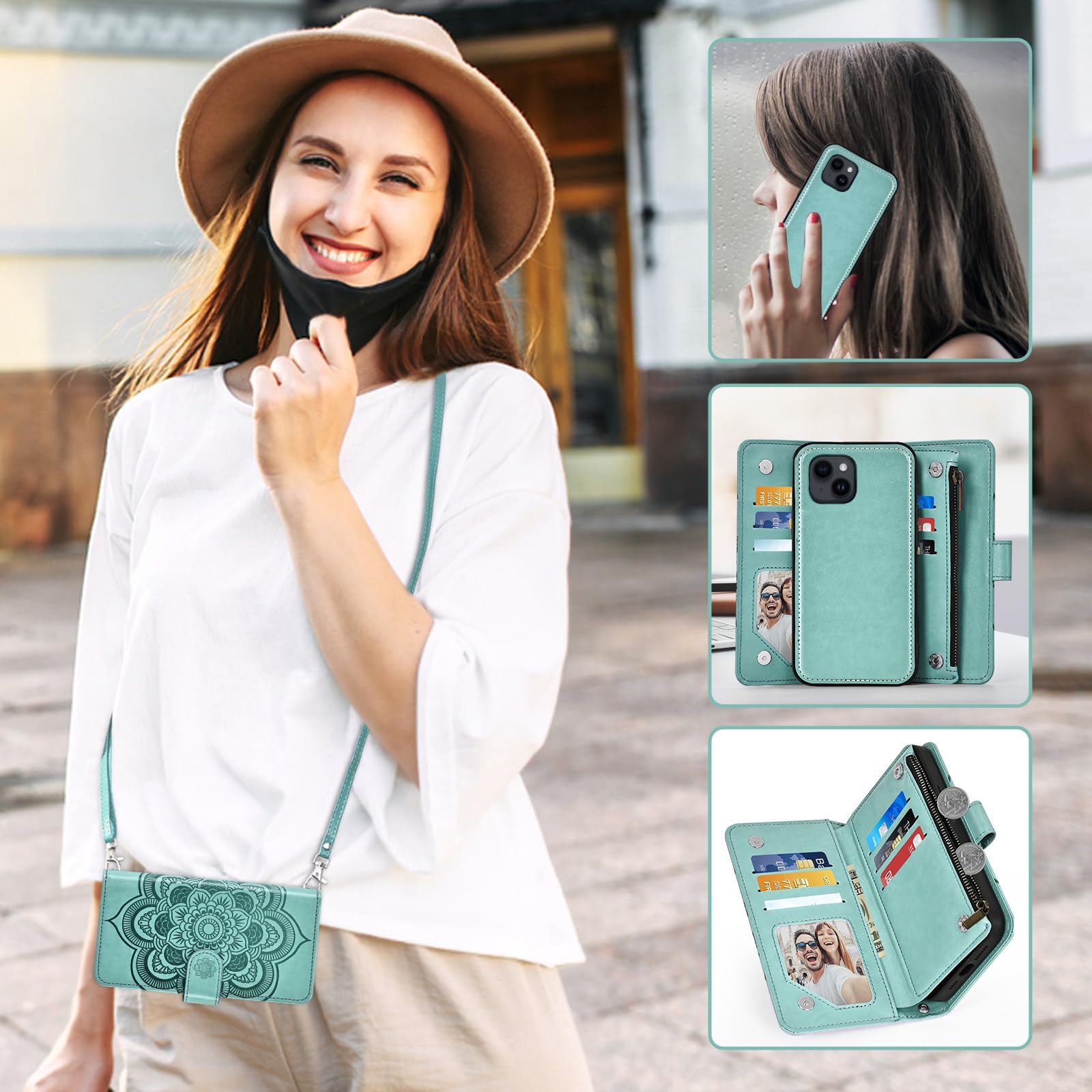 Asuwish Custodia per iPhone 14 da 6,1 pollici con cerniera a portafoglio magnetico con protezione dello schermo in vetro temperato Crossbody cordino cordino fiore titolare della carta iPhone14 5G i
