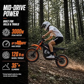 Electric Dirt Bike for Adults&Teens | 3000W Mid-Drive E-Moto | Trail & Dirt Ready | 37 MPH | 14/12 Off-Road Tires | Front/Rear Hydraulic Brakes | Dual Suspension | 265lbs+ Capacity | LCD Display