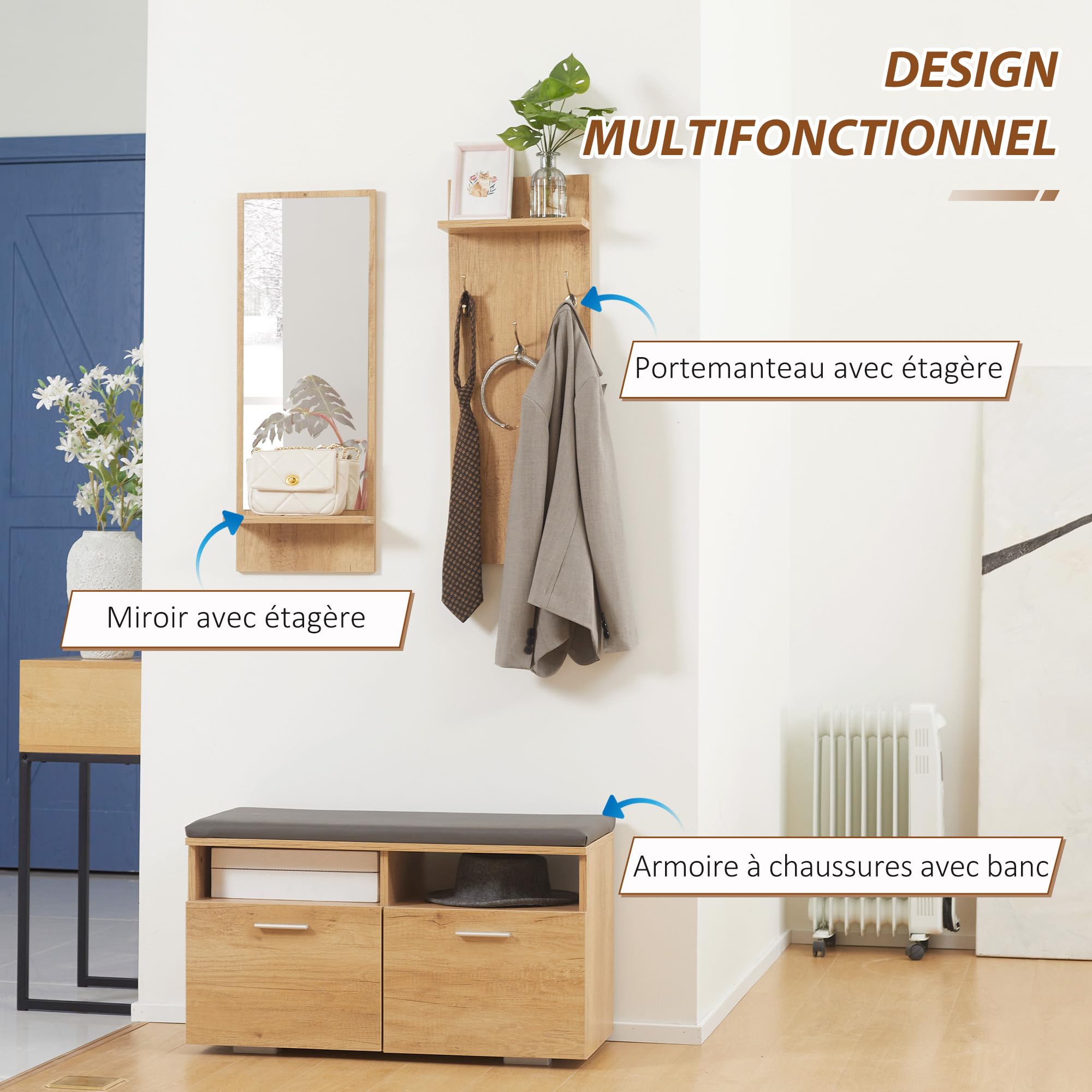 HOMCOM Ensemble de Meuble d'entrée vestiaire d'entrée 3 en 1 | 1 Porte-Manteau avec Étagère, 1 Miroir avec Étagère, 1 Banc à Chaussures avec Coussin en Polyuréthane