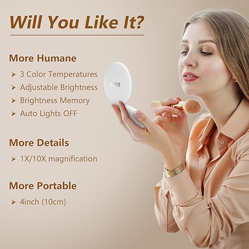 Miniatura 23 de Kintion Espejo de viaje con luz, espejo compacto de aumento 1X/10X, espejo LED recargable de 4 pulgadas, temperatura regulable de 3 colores, espejo