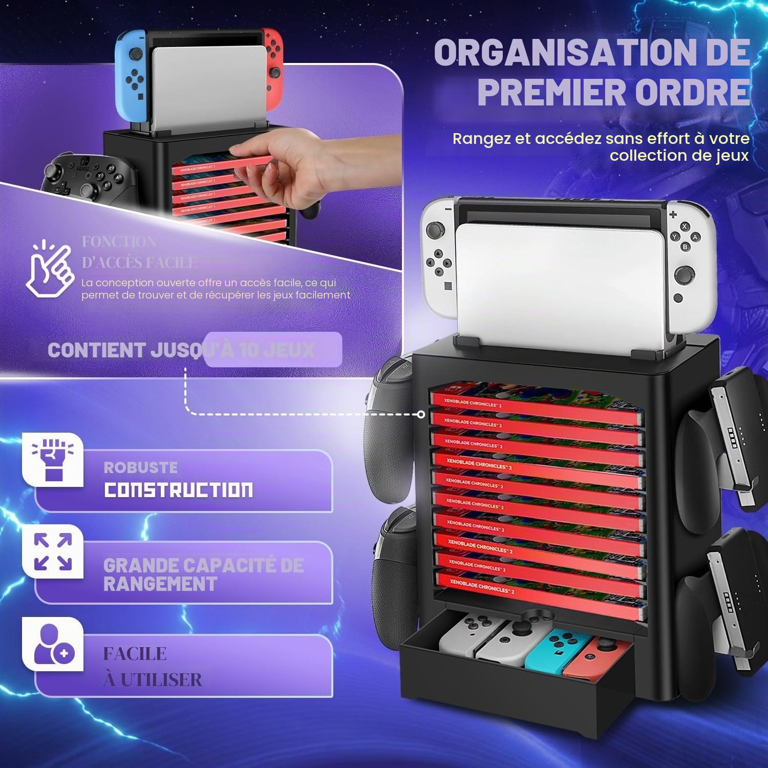 TNP Station de rangement pour Nintendo Switch OLED avec support de station d'accueil, étagère verticale pour 10 boîtiers de jeu, 4 contrôleurs, tiroir Joy-Con, noir