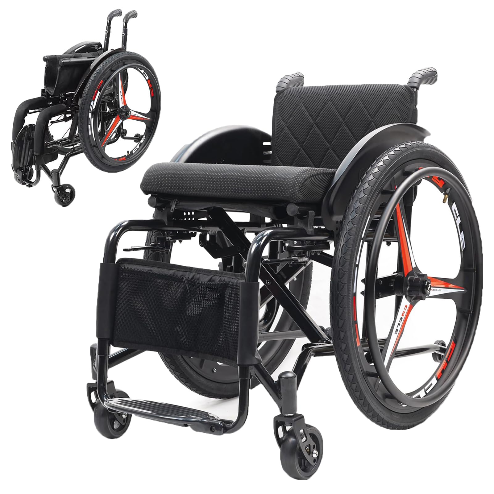Silla de Ruedas Deportiva Autopropulsable Plegable Ruedas 24 Pulgadas (Black,38cm)