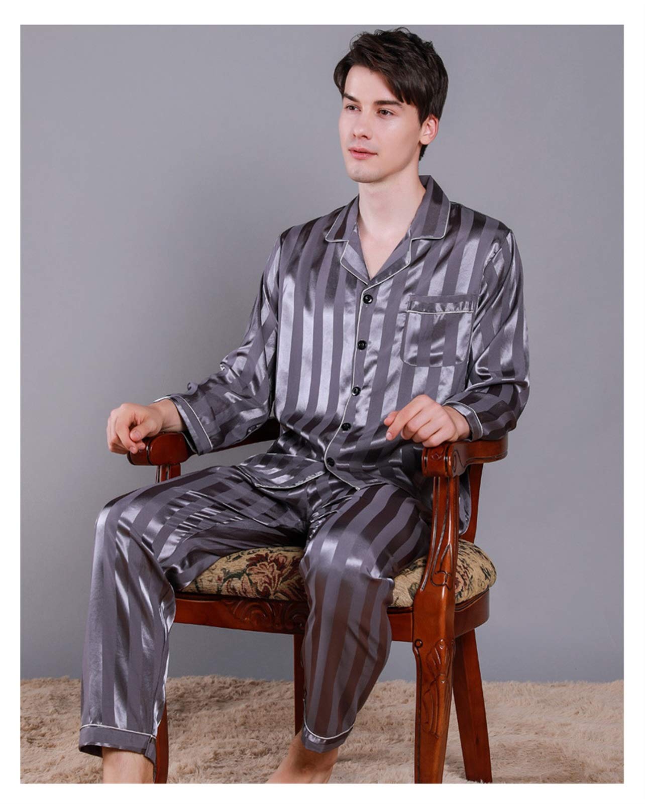 Jamron Uomo Set Pigiami 2 Pezzi Camicie Pigiama a Maniche Lunghe con Bottoni e Pantaloni Pigiama Lunghi Abbigliamento da Notte Loungewear Blu Marino S