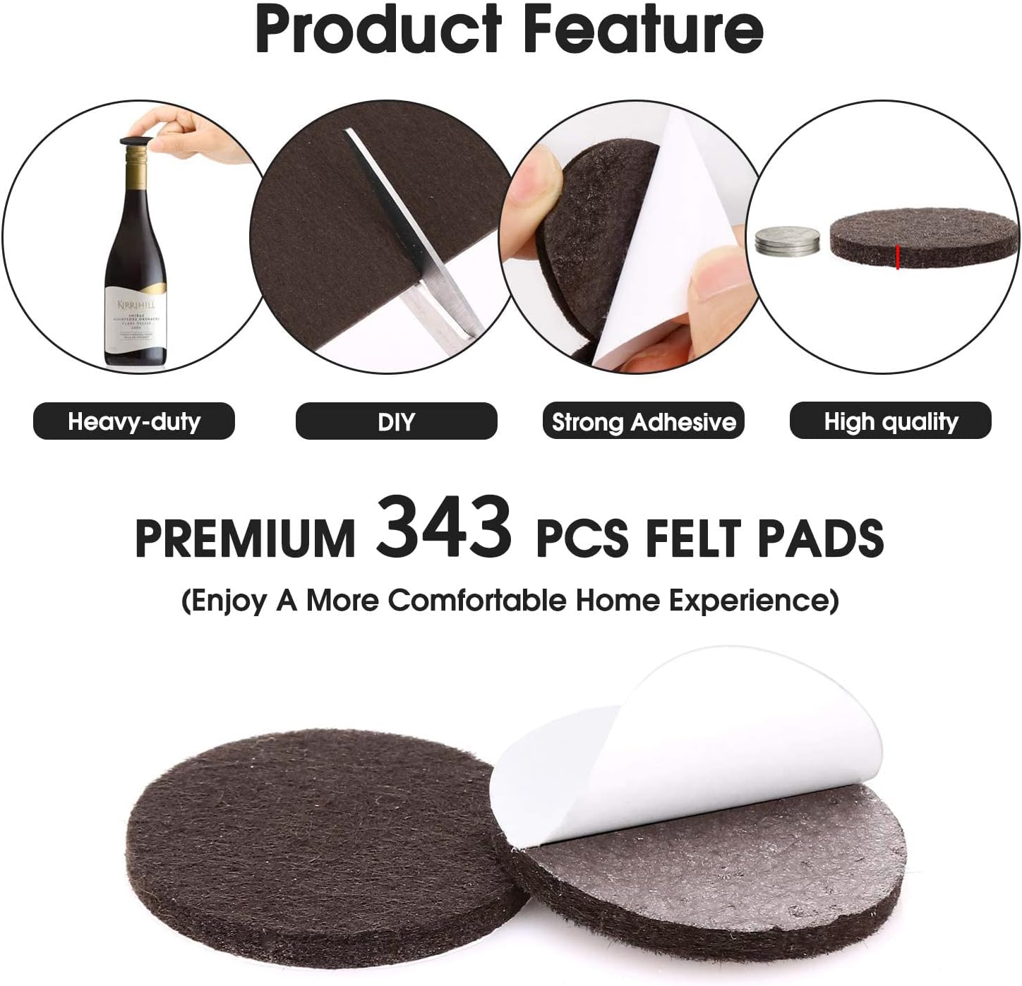 Yelanon Felt Furniture Pads for Hardwood Floors-343 Pcs Premium Felt Pads for Chair Legs, Floor Protectors for Furniture, Brown