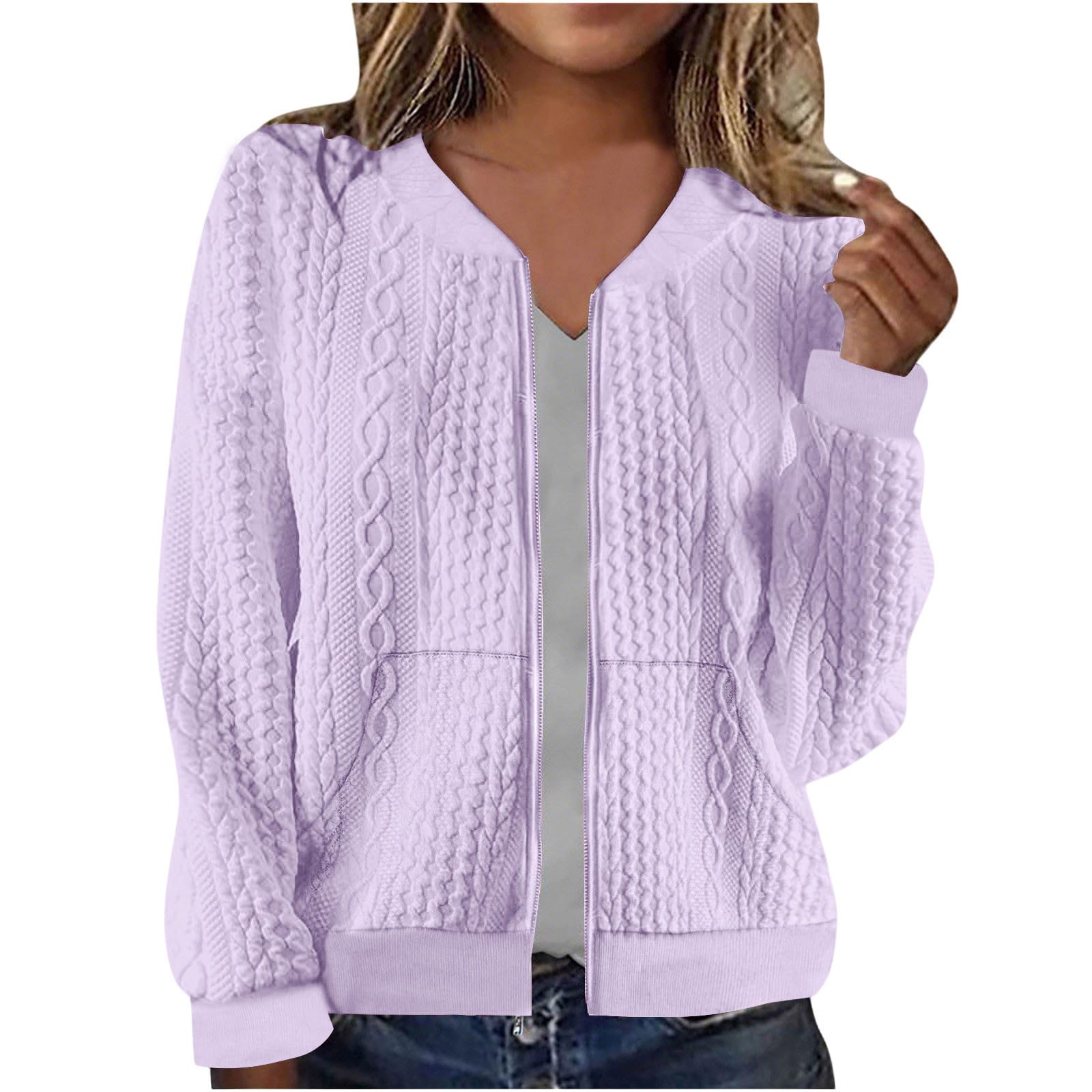 Womens Cable Knit Zip Up Cardigan Sweater Long Sleeve Open Front Sweaters Jacket with Pockets