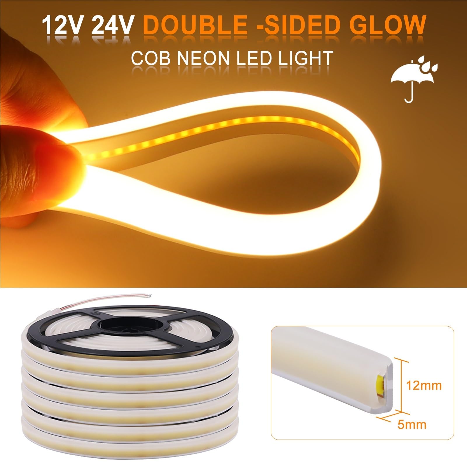 Neonowa taśma LED 12 V/24 V DC COB, wodoodporność IP67, długość 0,5 m - 20 m, mleczna biel, miękki blask do dekoracji (ciepła biel, DC 12 V 4 m)
