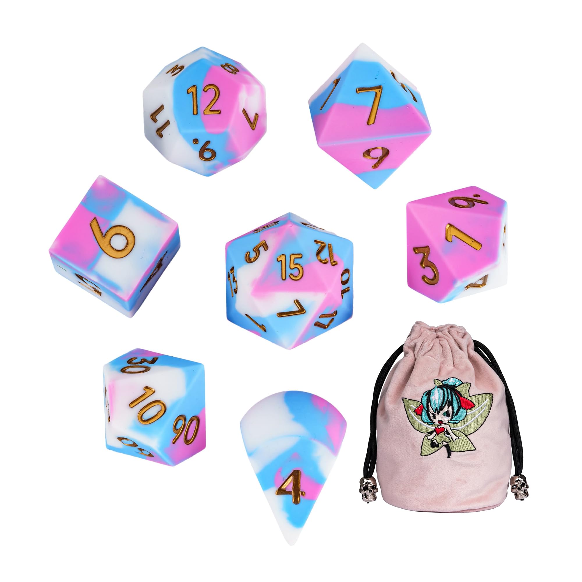 IUSTIDIE 7-Piece Jumbo Silicone DND Dice Set, 25mm Oversized Dice D&D Dice, Round Edges Soft Perfect Bouncer for D&D RPG Bar Pub Club Classroom Party Games(Pink&White&Blue)