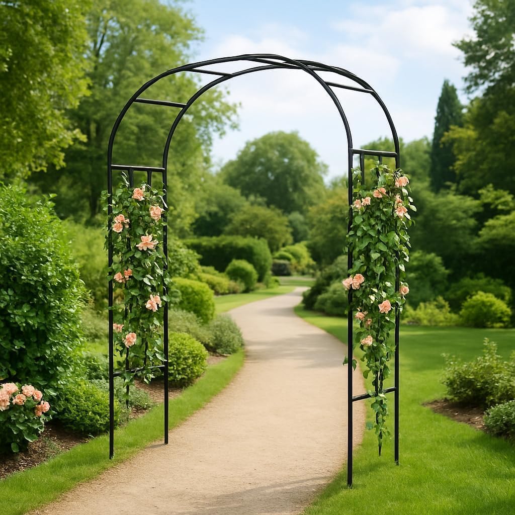 Heavy Duty Steel Garden Arch Arbor Trellis, Weather-Resistant Black Metal Archway for Climbing Plants, Weddings, Parties & Outdoor Decor, for Lawn, Patio, and Pathway