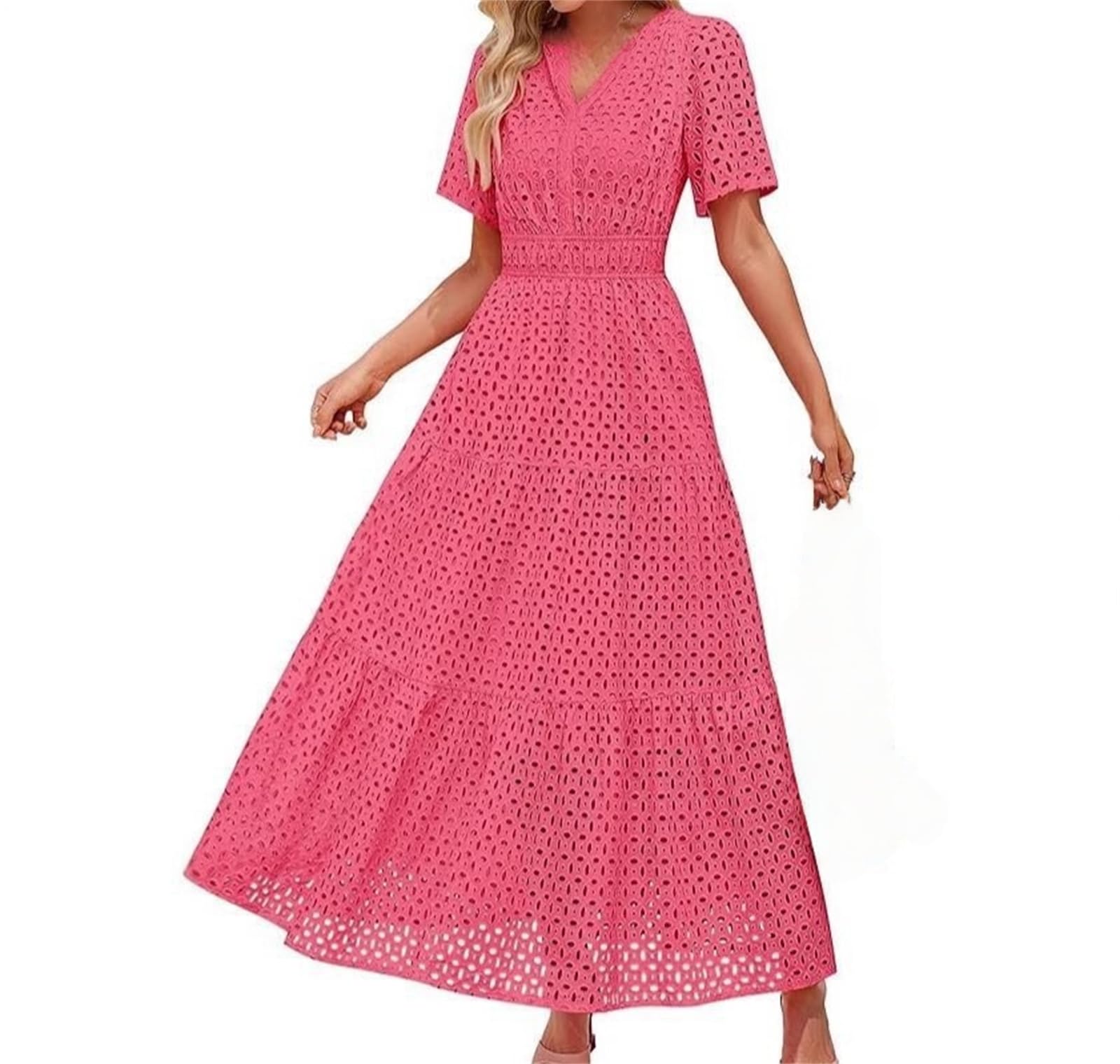 Vestido maxi de verano para mujer, manga corta, informal, con ojales, cuello en V, cintura alta, volantes, swing en línea A, vestidos largos que fluyen