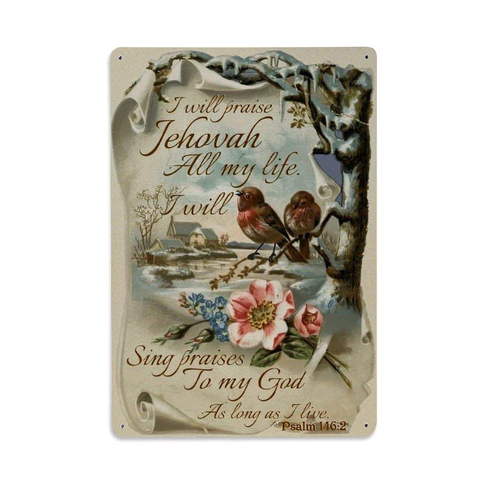 Jdfenggu Vintage Birds Flowers Winter Scene Scripture Retro Metal Tin Sign, Metal Poster For Bar, Home, Man Cave, Kitchen, Laundry Room Art Decor 8X12 Inch