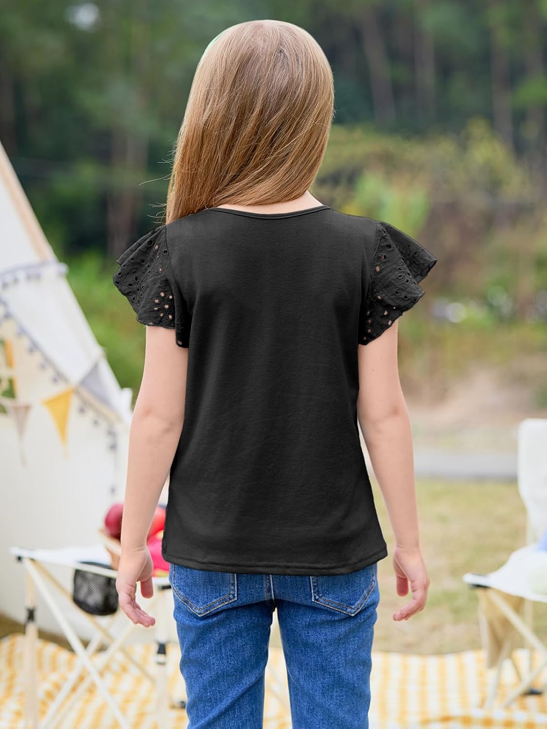 Imily Bela Girls Ruffle Sleeve Shirts Summer Crewneck Eyelet Tee Tops Casual Cute Blouse 4-15 Years - Image 3