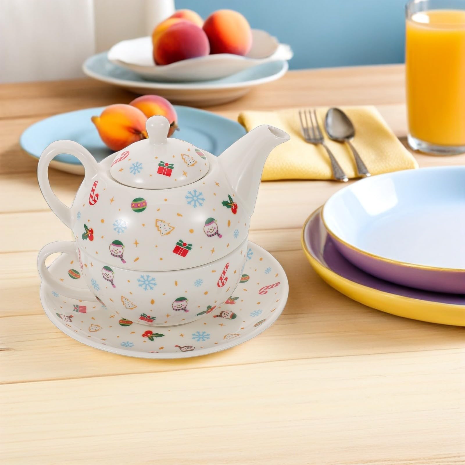 Juego de Tetera y Taza de Cerámica con Estampado Navideño