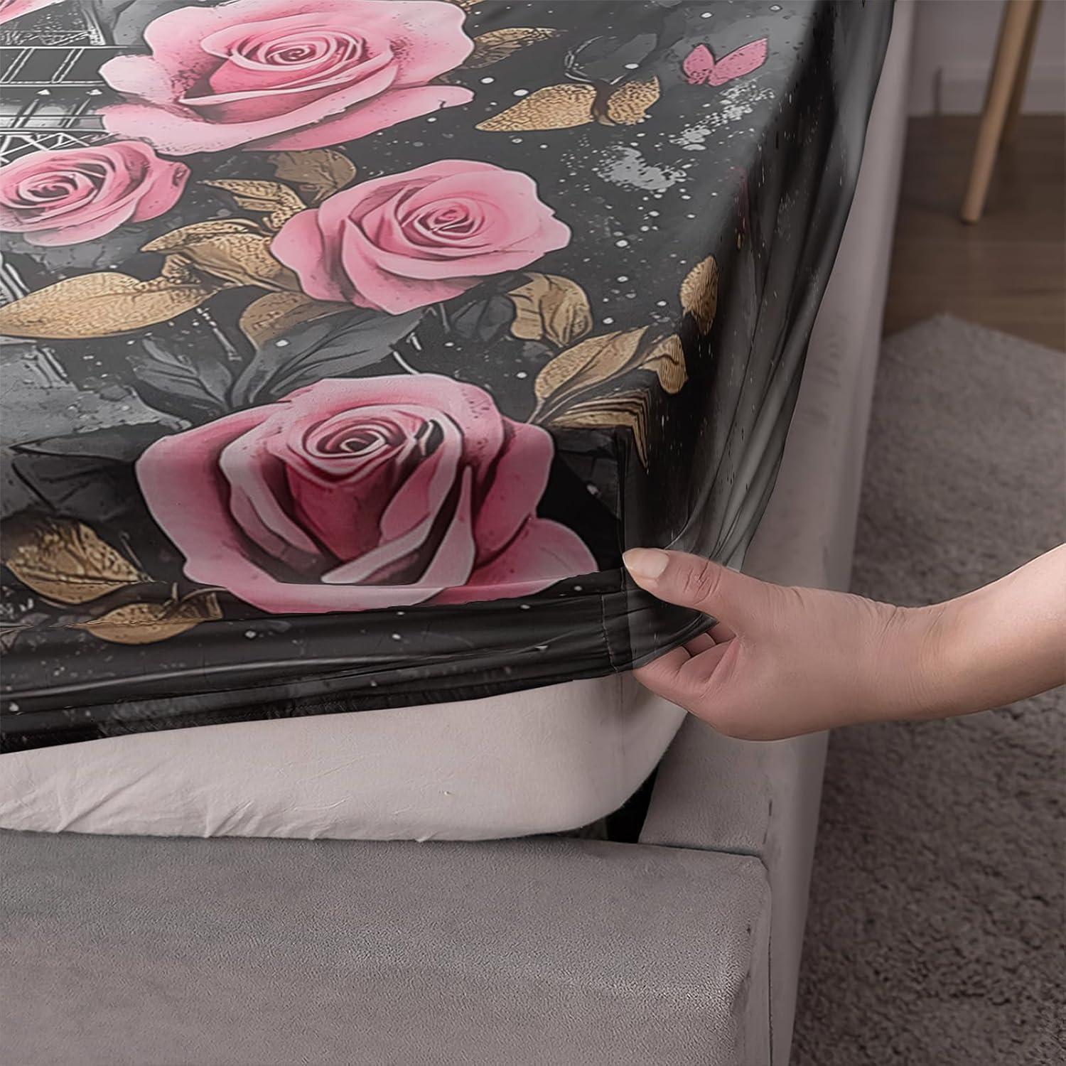 AILONEN Vintage Eiffel Tower Bed Sheets Set for Bedroom Decor, Queen Size,Pink Rose Floral Butterfly Bedding Sets,Romantic Paris Vintage Fitted Sheet Set with 2 Pillowcase,Soft Microfiber