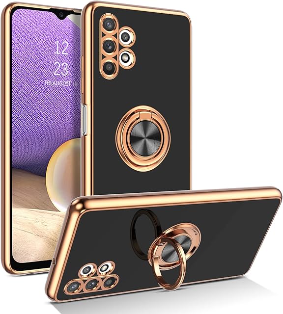 YINLAI Samsung Galaxy A32 Case Soft Silicone TPU Slim Case with Gold Magnetic Ring Holder Shockproof Women Protective Girls Case Cover for Samsung Galaxy A32 5G, Black