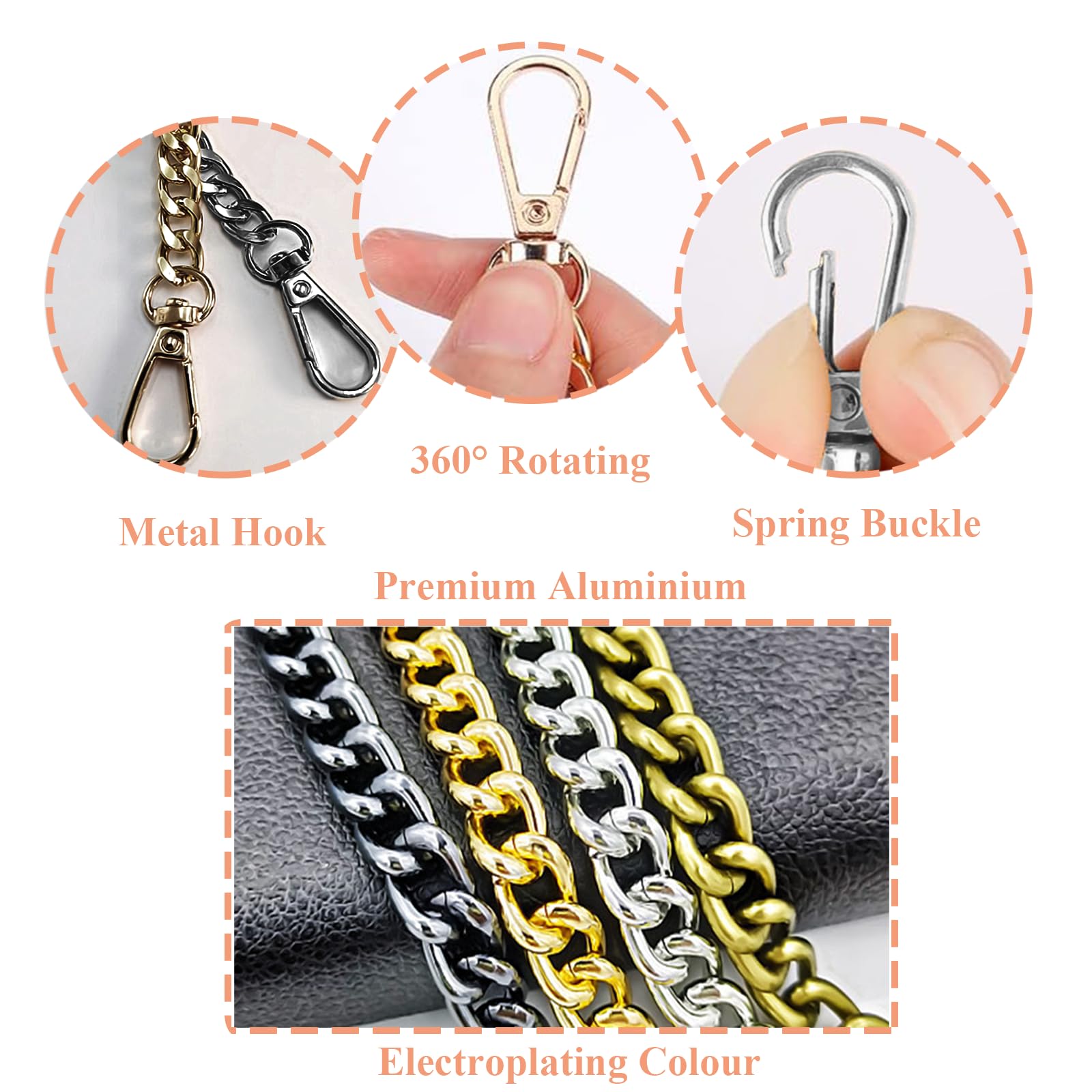 Cadena Bolso Plata120 cm, Correa de Cadena Plata para Bolso, Cadena de Repuesto para Bolso Correa de Cadena Bolso Bandolera de Aluminio para DIY Bolso de Hombro Fabricación de Monederos