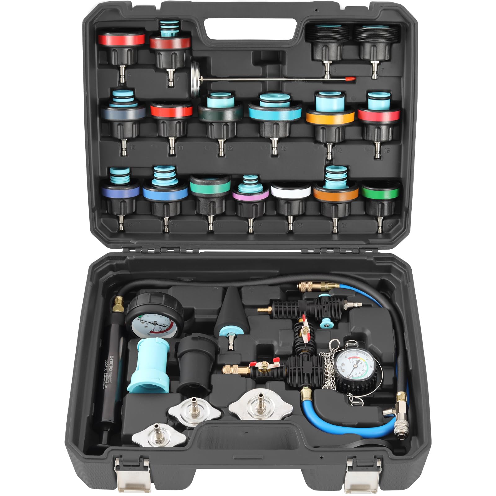TECPO Kühlsystem Prüfgerät, Vakuum-Abdruck-Set, für PKW & leichte LKW, mit Pumpe, Manometer & Kühleradaptern, Druckprüfung 0-2,5 bar & Dichtheitskontrolle mit Vakuum-Wartungsset für Kühlmittel