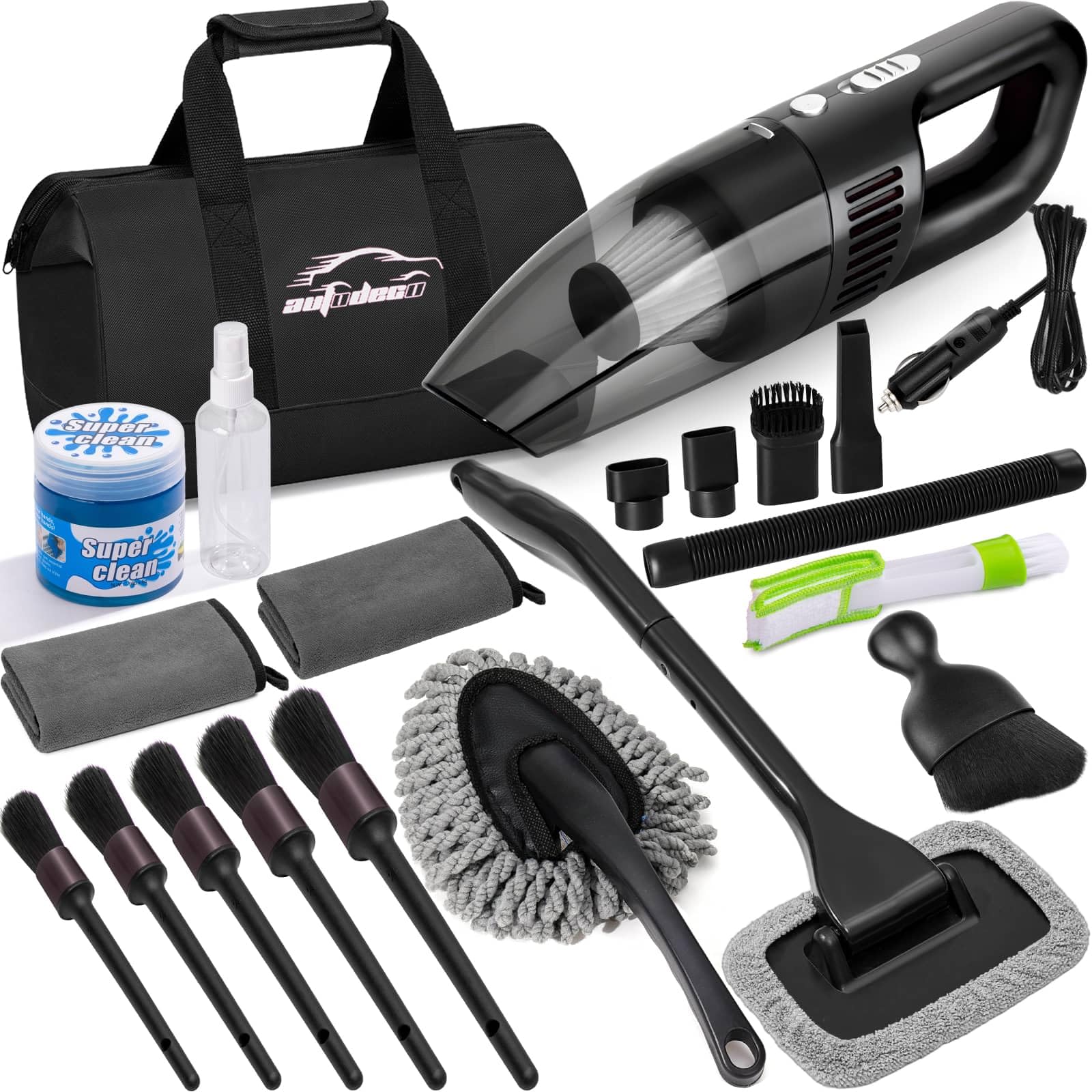 Kit di Pulizia per Auto, Kit di Pulizia per Interni dell'auto, con aspirapolvere Portatile ad Alta Potenza, Set di spazzole, Strumento per Parabrezza, spolverino, Asciugamani, Strumenti
