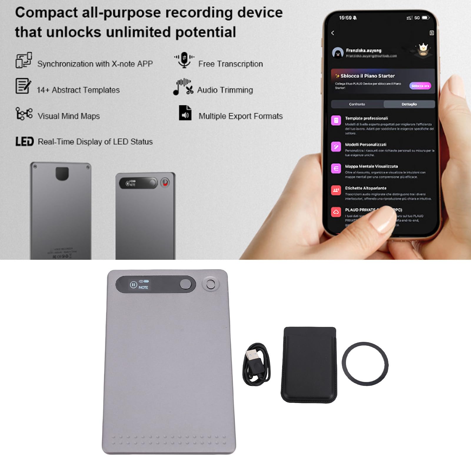 Asixxsix Registratore Vocale AI, Nota Registratore Vocale con Trascrizione Avanzata, Supporto GPT-4O, Memoria da 64 GB, Registratore Audio Portatile per Riunioni, Lezioni, Chiamate