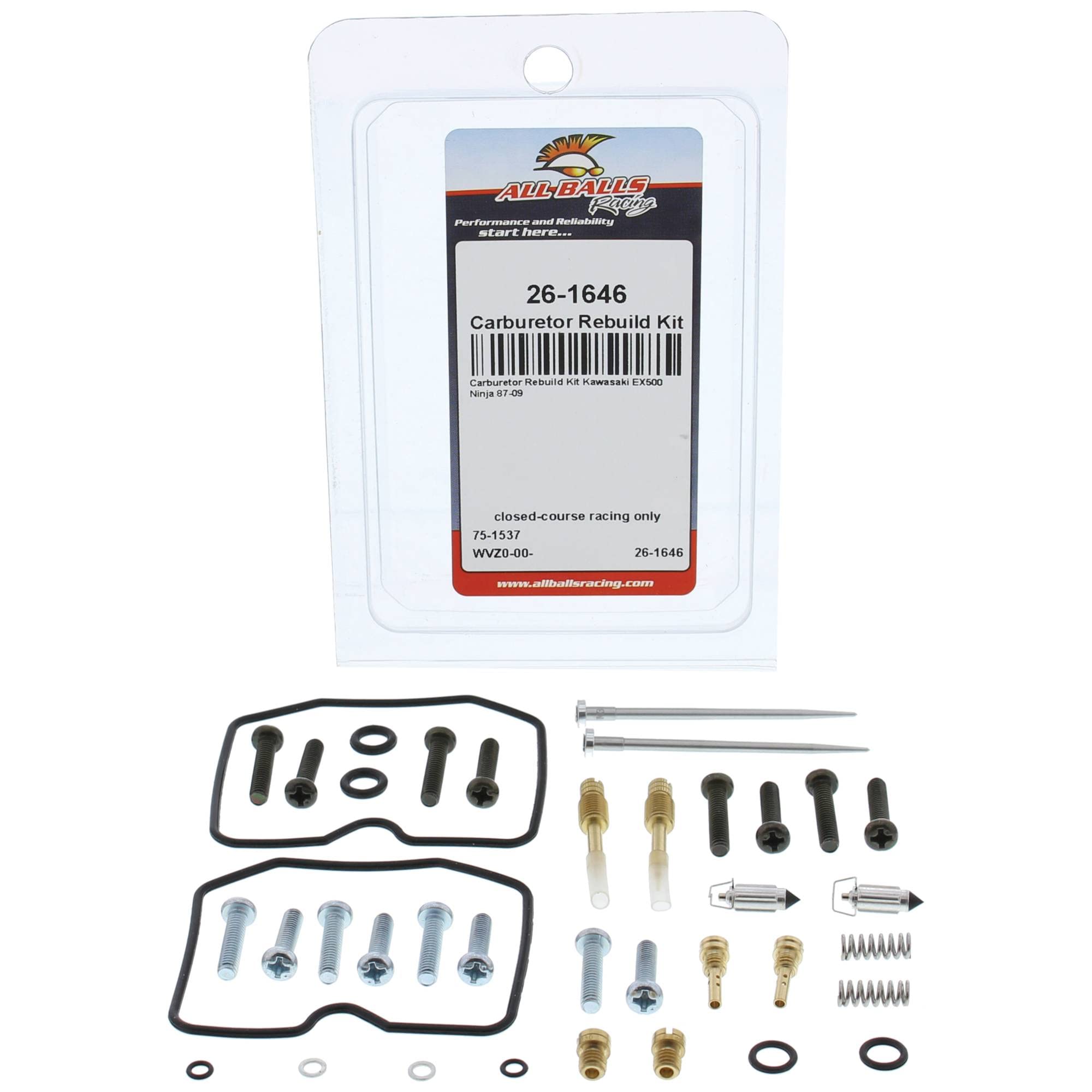 All Balls Racing Carburetor Rebuild Kit For Kawasaki EX500 Ninja 1987-2009 - Includes Gaskets, O-Rings, Jets, Needle & More