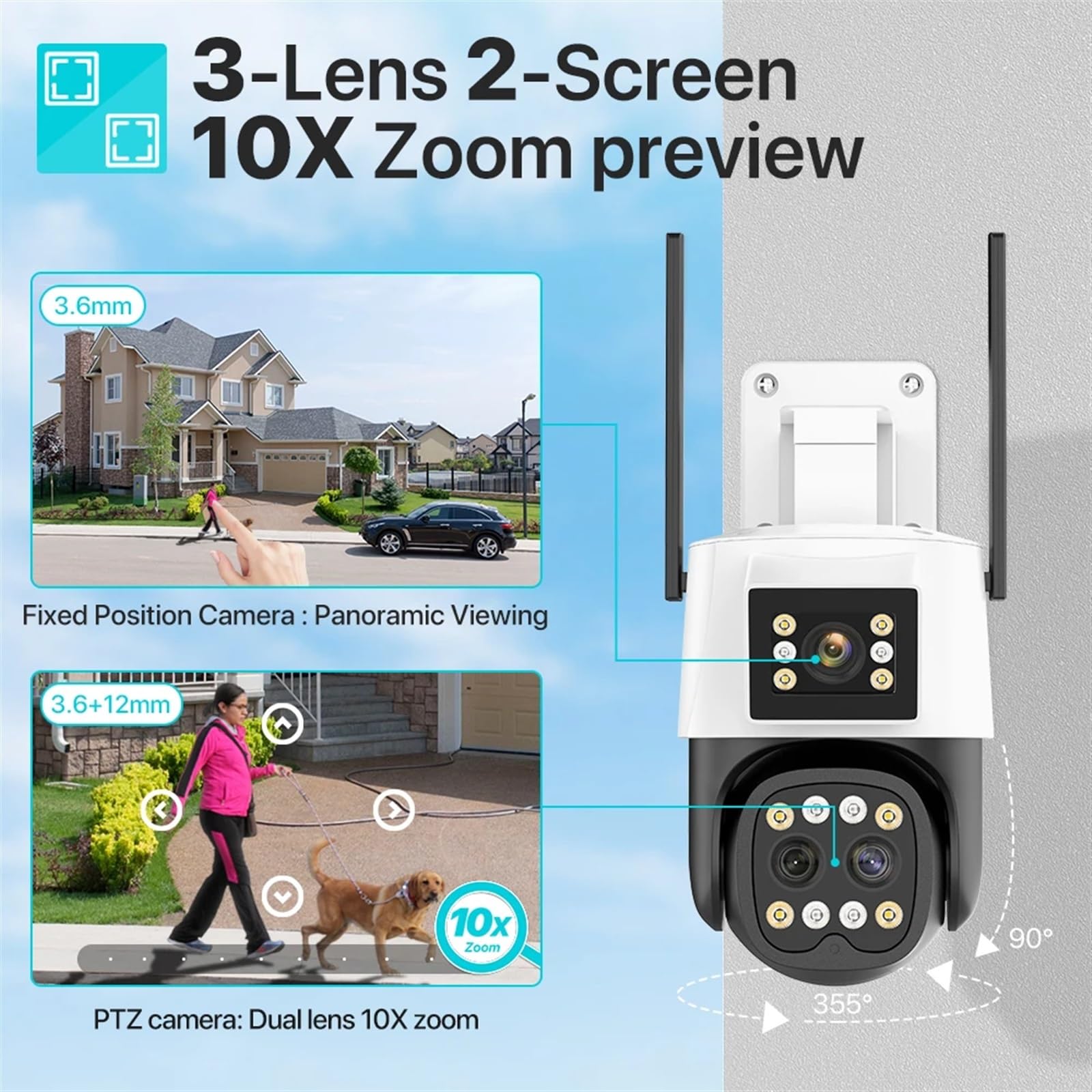 Kamera bezpieczeństwa, Zewnętrzna kamera IP Wi-Fi 4K HD 10X Zoom podwójny obiektyw dwuekranowa PTZ automatyczne śledzenie bezpieczeństwo nadzór audio-wideo(Camera Add 128G Card)