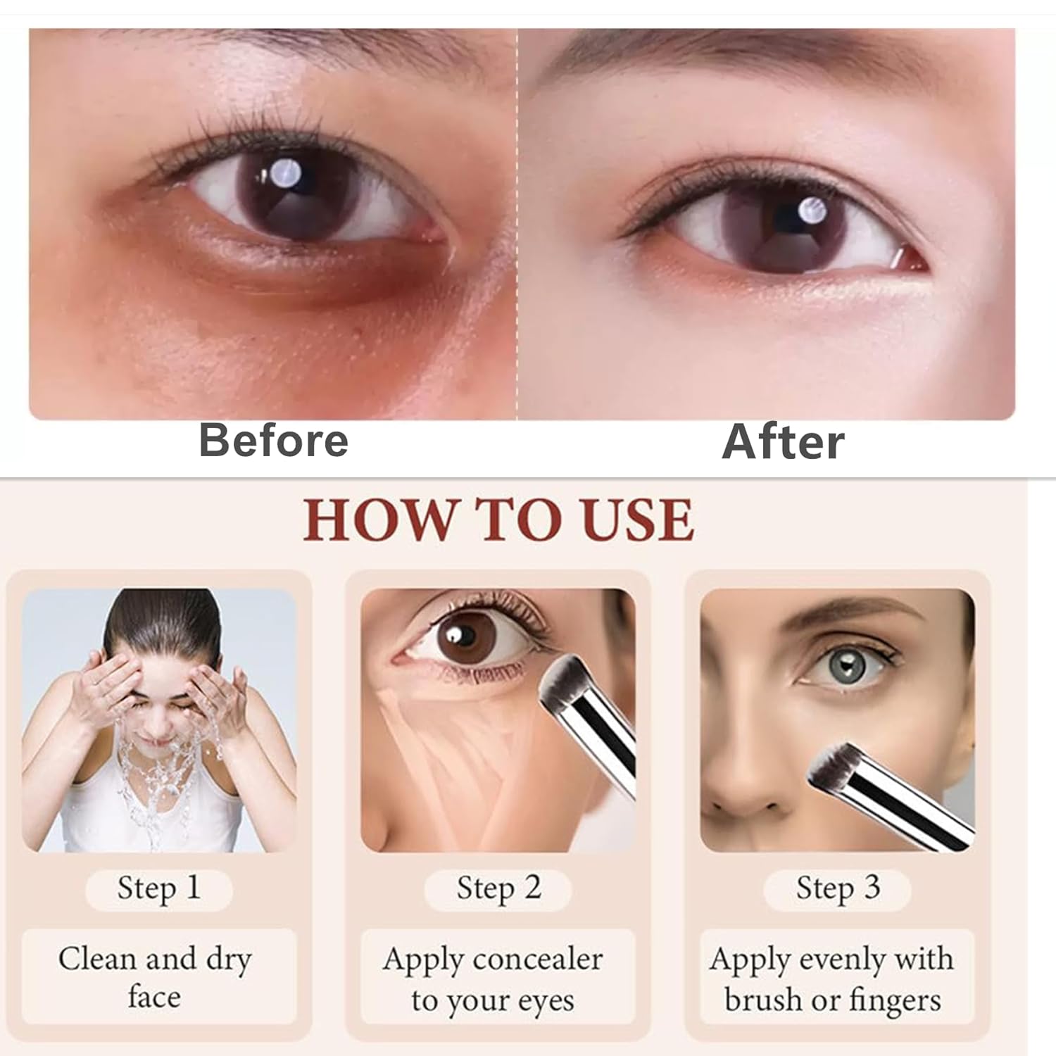 Colored Clay CC Undereye Corrector with Brush - Color Corrector for Dark Circles, Hydrating Under Eye Concealer to Brighten & Conceal for Women & Men (01 Light-Medium Peach) - Image 3