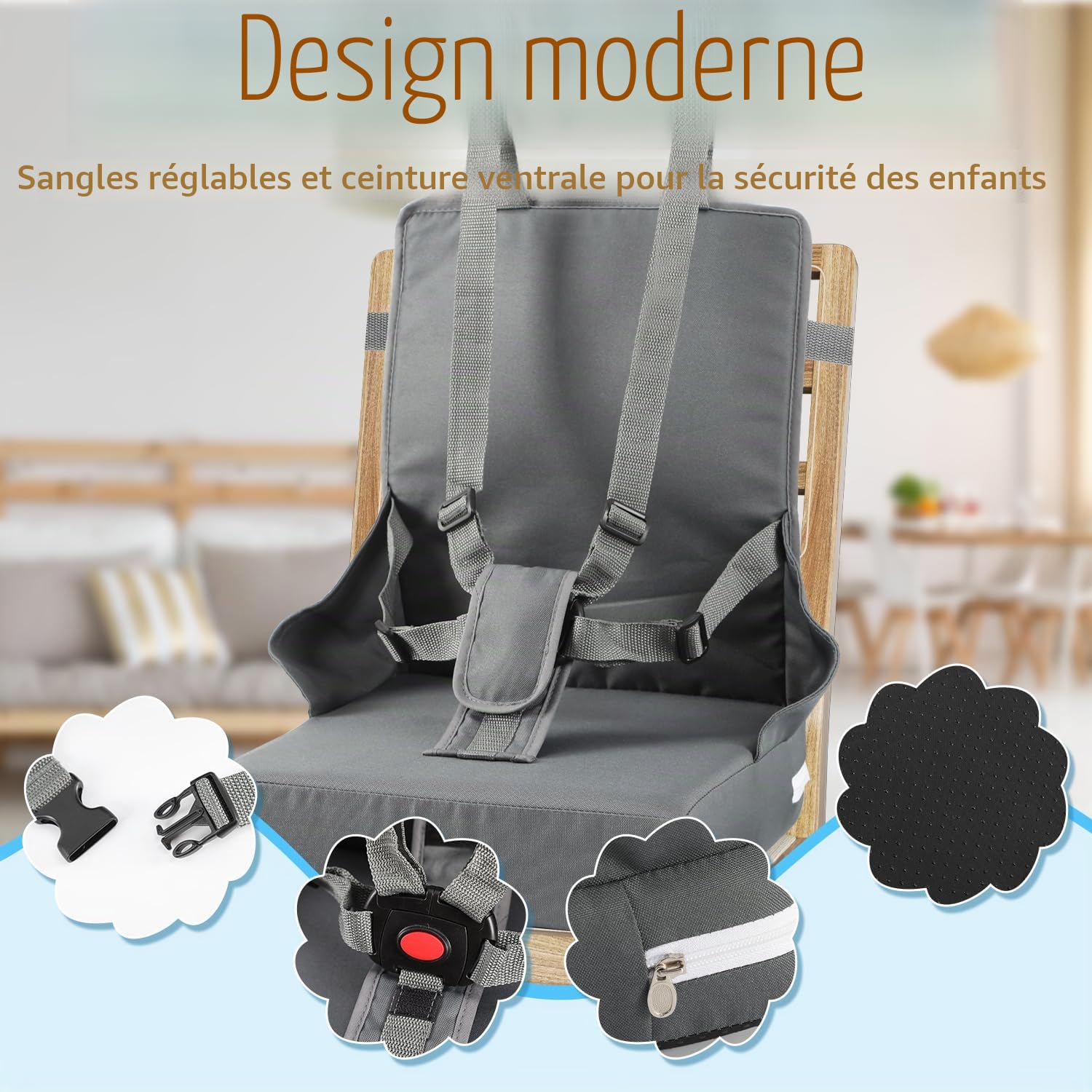 Rehausseur de chaise pour enfant, harnais à 5 points, pliable, coussin d'assise portable avec dossier, imperméable et facile à nettoyer, sac de rangement inclus, gris
