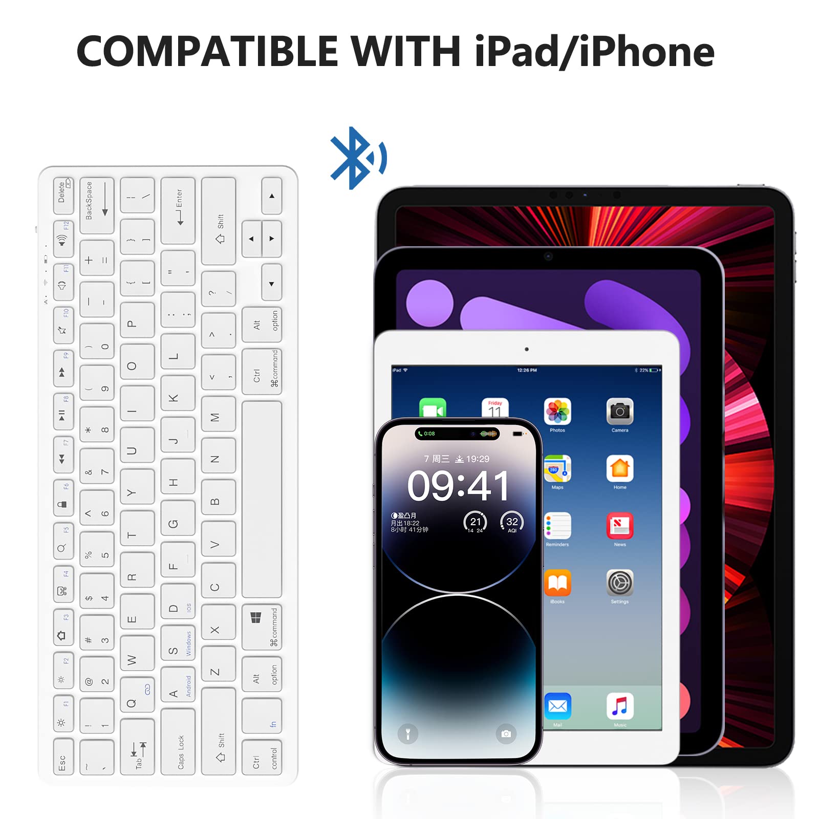 Teclado Bluetooth para iPad Teclado inalámbrico compatible con iPad 10ª/10.2 (9ª/8ª/7ª generación), Air 5ª/4ª, Pro 11/12.9, 9.7, Mini y todos los dispositivos Bluetooth (blanco) 8