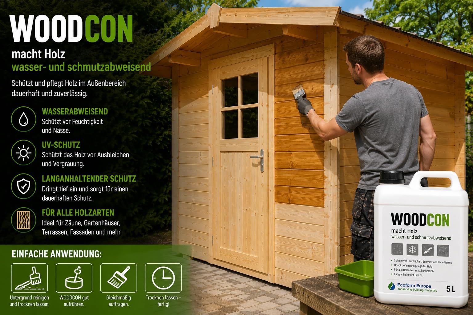Woodcon Holzversiegelung | Holz und Multiplex wasserabweisend machen | Holzschutz | ergiebig | kein Mattglanz | überstreichbar | 1 liter