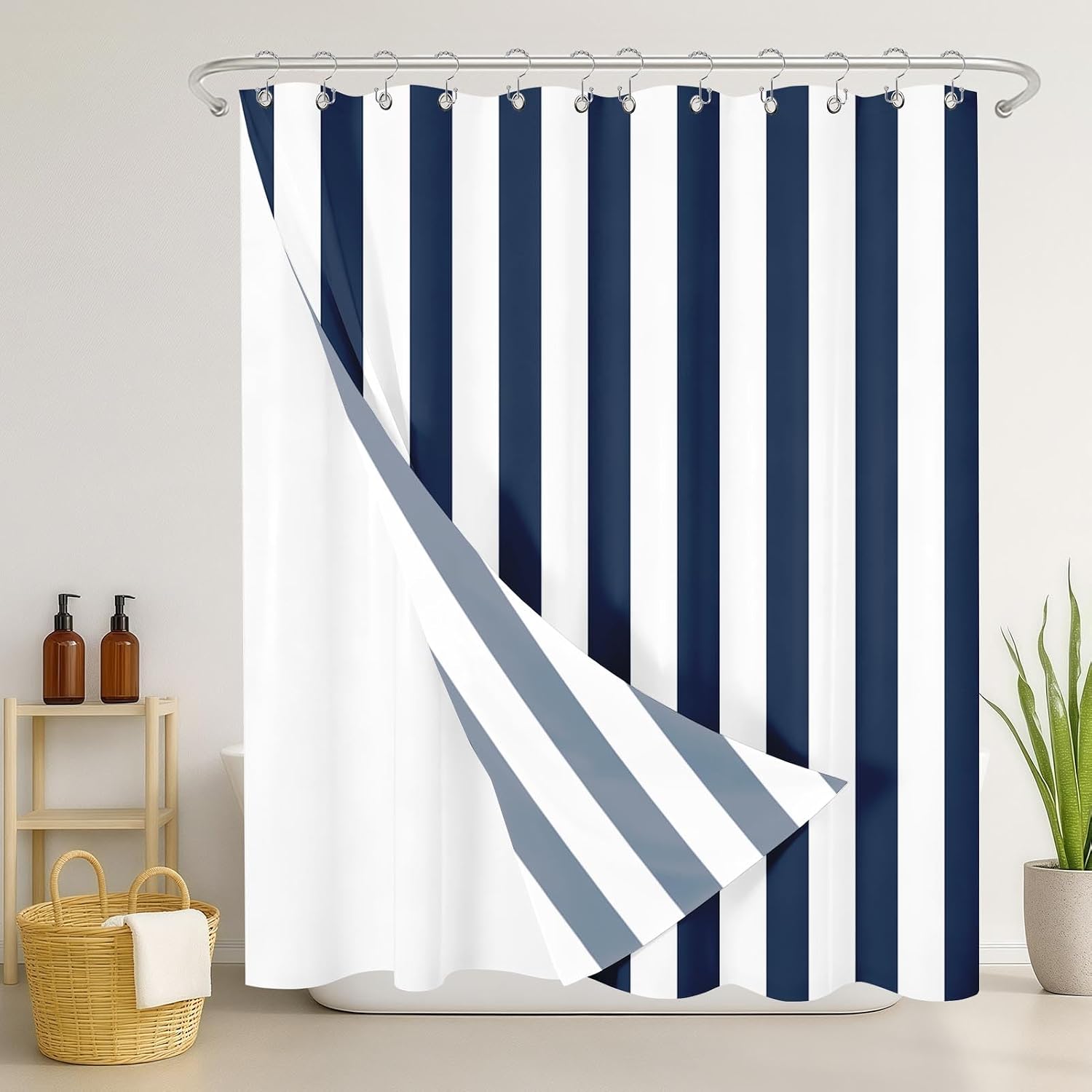 Shower Curtain and Liner Set, Navy Blue and White Abstract Stripes Shower Curtain and Liner with Double-Sided Stainless Steel Hooks, 3-in-1 Waterproof Fabric for Bathroom, 72x72 Inch