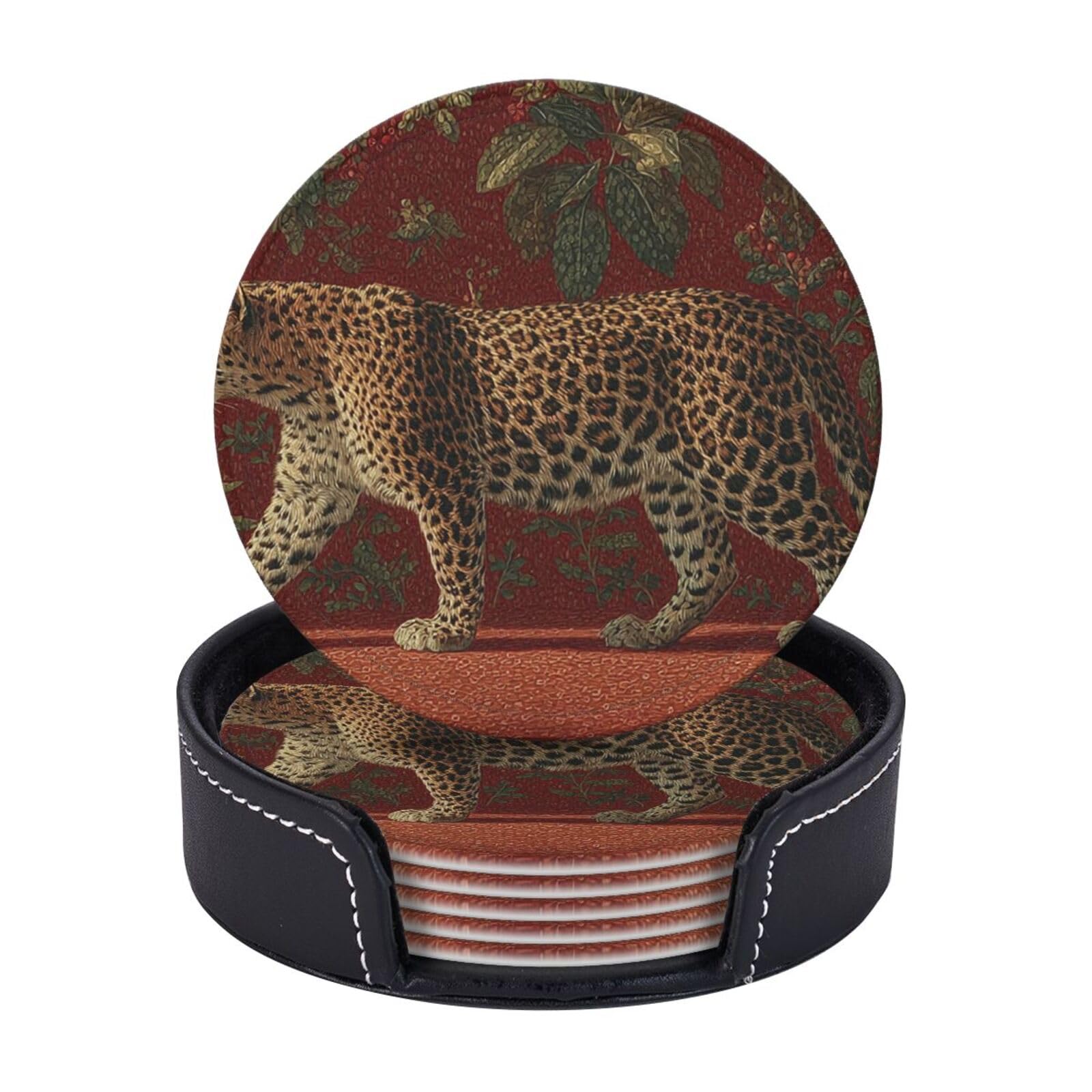 Drink Coasters 6 PCS Round Leather Coaster Red Leopard Coasters for Drinks Non-Slip Mugs Pads with Holder Personalized Cups Pad Mat for Coffee Table Kitchen 10 CM